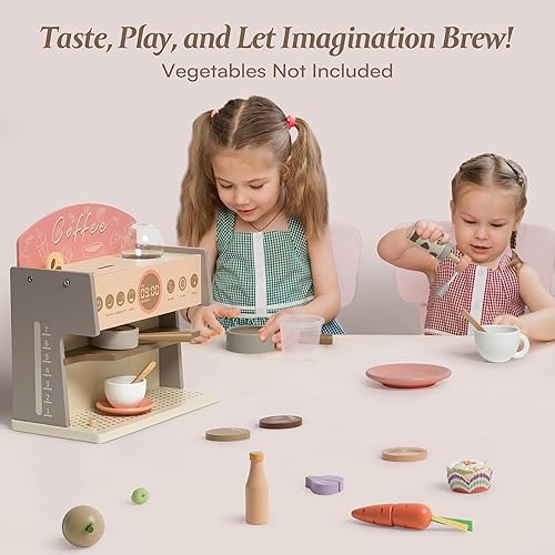 Miniatura 4 de ROBOTIME Cafetera para niños con molinillo, cafetera de juguete de madera, juego de máquina de café espresso, accesorios de cocina de juguete para