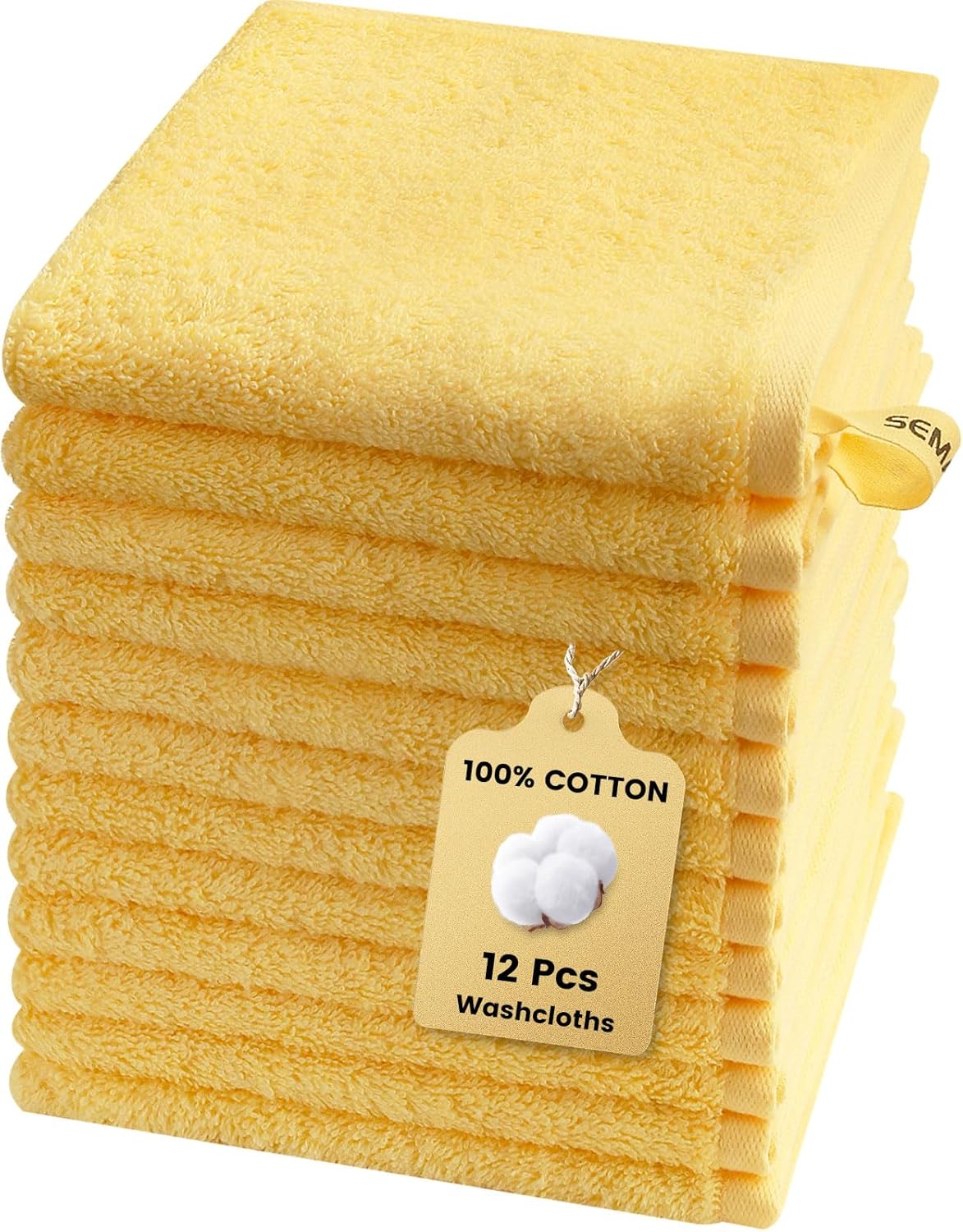 SEMAXE 100% Cotton Washcloths 12-Pack, 13 × 13 Inch Soft Yellow Face Towels – Super Absorbent & Quick-Dry, Premium Cloth with Hanging Loop, Oeko-TEX Certified, Gift-Ready Box