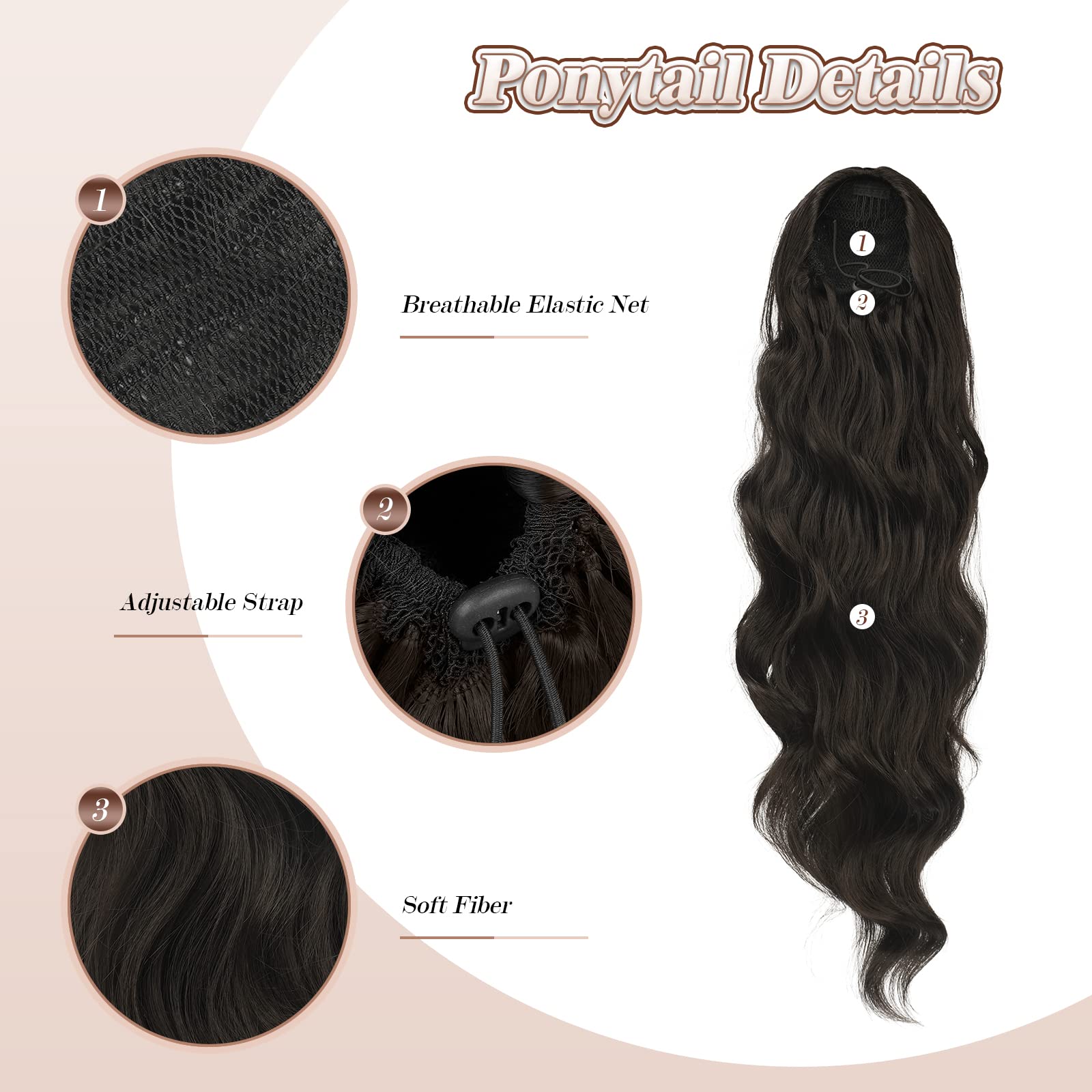 FESHFEN Queue de Cheval Cordon Longue Bouclé Ondulées Ponytail Cheveux Naturel Postiche Extension Synthétique Rajout Drawstring Ponytail Extensions pour Femmes, Noir Naturel 60 cm