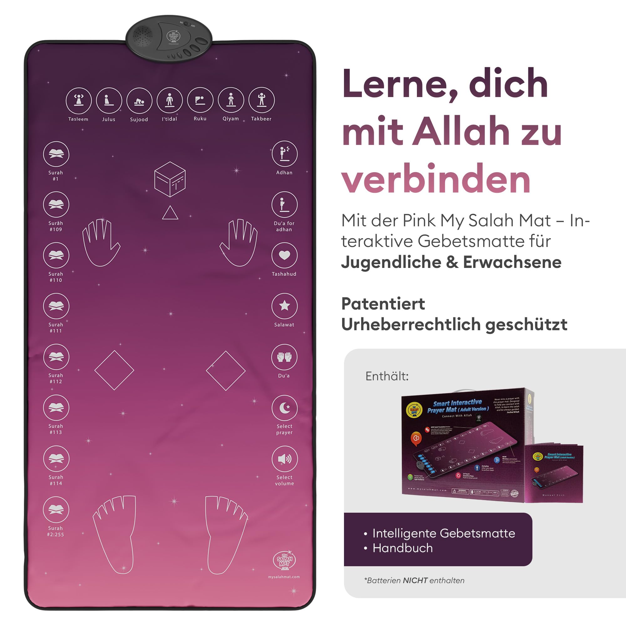 My Salah Mat für Erwachsene – Pinker Smart Gebetsteppich Elektronisch Erwachsene zum Lernen von Suren Salah Duas – Tragbarer Gebetsteppich für Männer mit 25 Tasten & Polsterung ab 8 Jahren