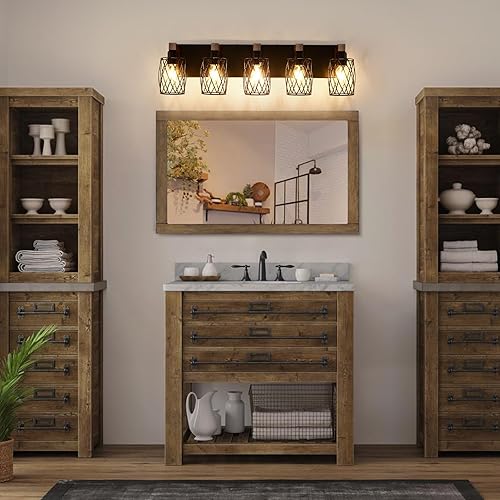 Miniatura 3 de Lámpara de tocador de baño de granja de 5 luces, accesorios de iluminación de baño de madera sobre el espejo, lámparas de tocador negras con