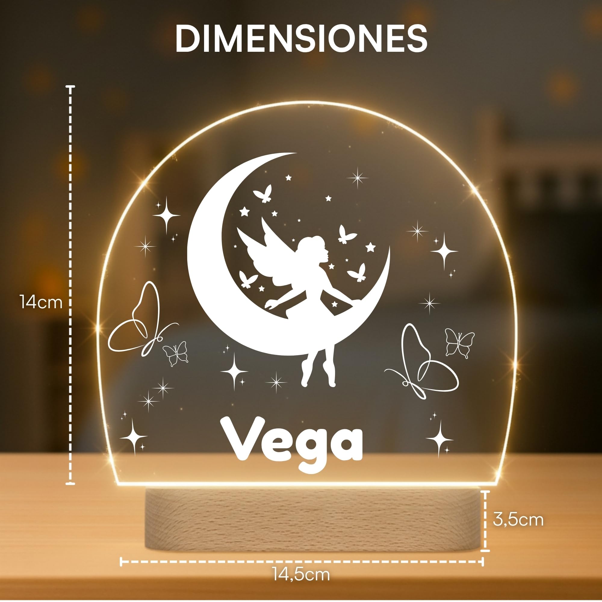 Lámpara Infantil Personalizada con Nombre - Luz LED Quitamiedos para Habitación de Bebé con Diferentes Diseños - Regalo Original para Bebe, Nacimiento, Bautizo o Cumpleaños (HADA)