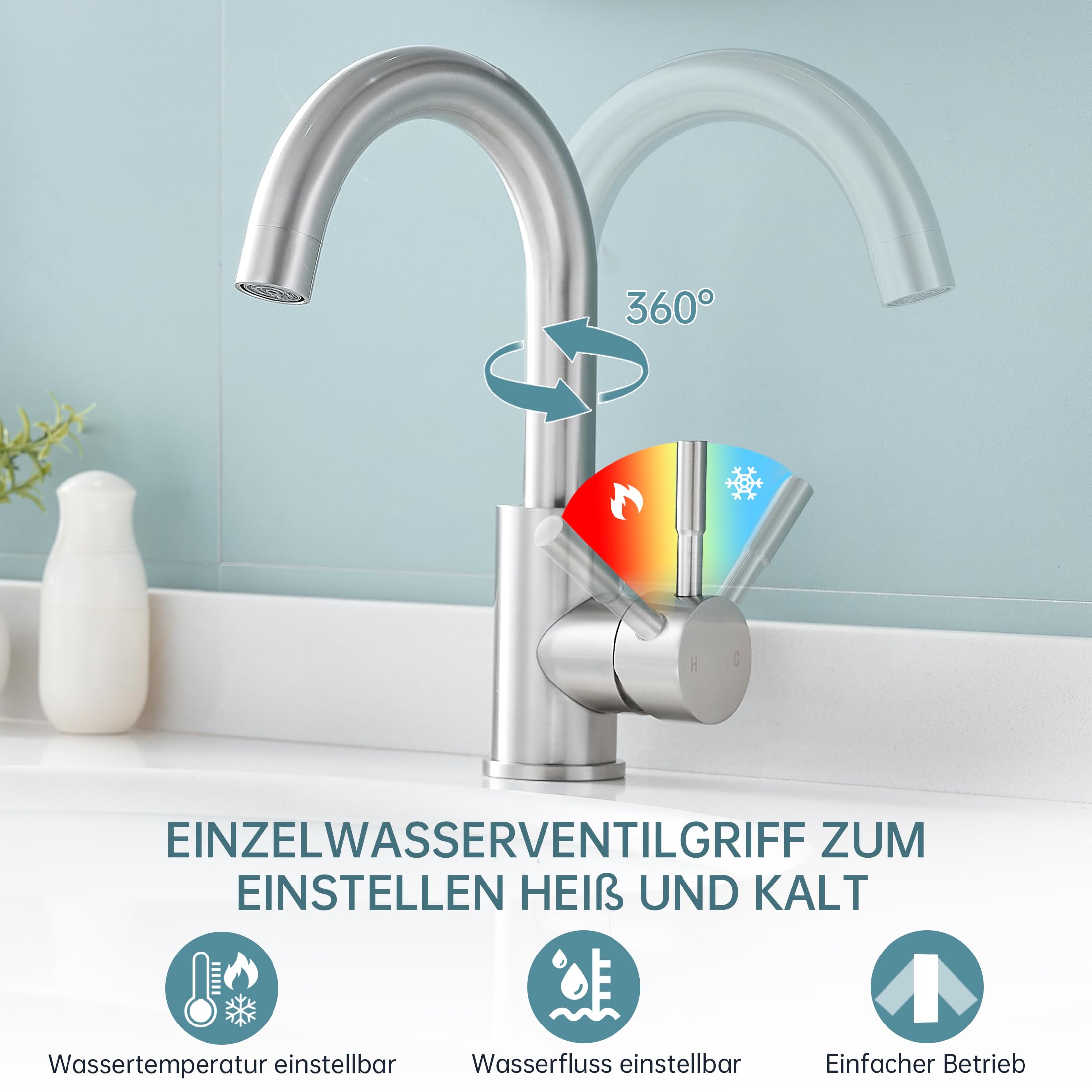 Fransiton Rubinetto da bagno alto, girevole a 360°, a risparmio d'acqua, con miscelatore ad acqua calda/fredda, facile da montare per bagno/cucina, piccolo camper (acciaio inox)