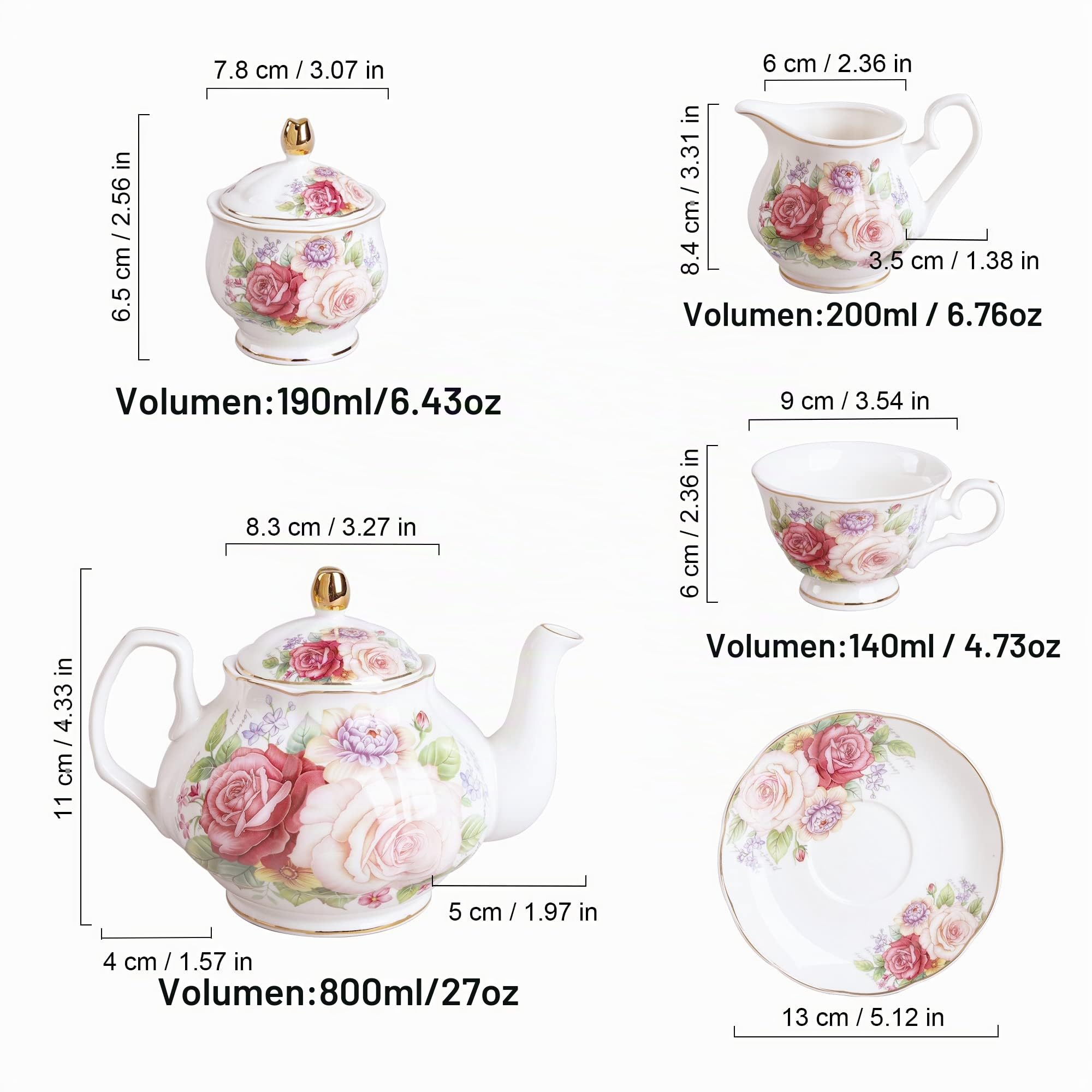 fanquare Juego de Té Europeo de 21 Piezas de Porcelana, Servicio de Café de Cerámica Rosa, Servicio de Té de Boda para Tarde de Té, Café
