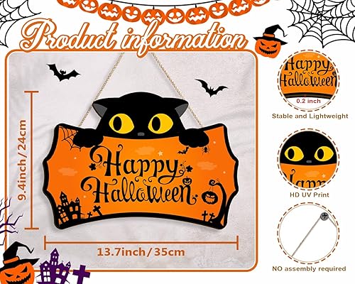 Miniatura 2 de Letrero de feliz Halloween para puerta delantera, lindo gato de Halloween, decoración de puerta delantera, letrero de puerta de Halloween, lindo