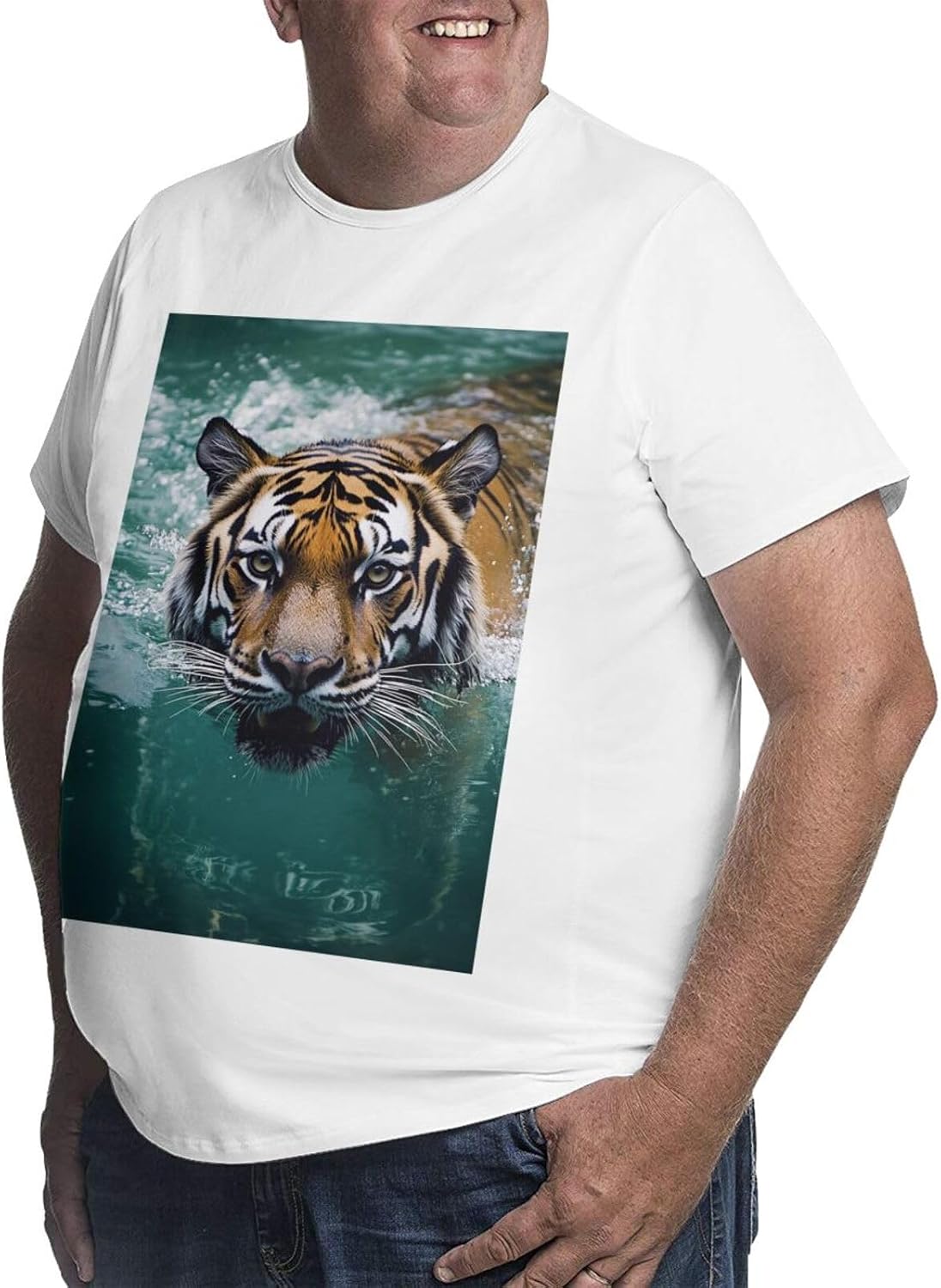 T-Shirt Plus Size Heavyweight T Shirt for Men Big and Tall Tshirts | Tiger Swimming Oversized Tshirts For Men Short Sleeve Upf 50+ Sun Protection T-Shirt For Casual & Daily Wear