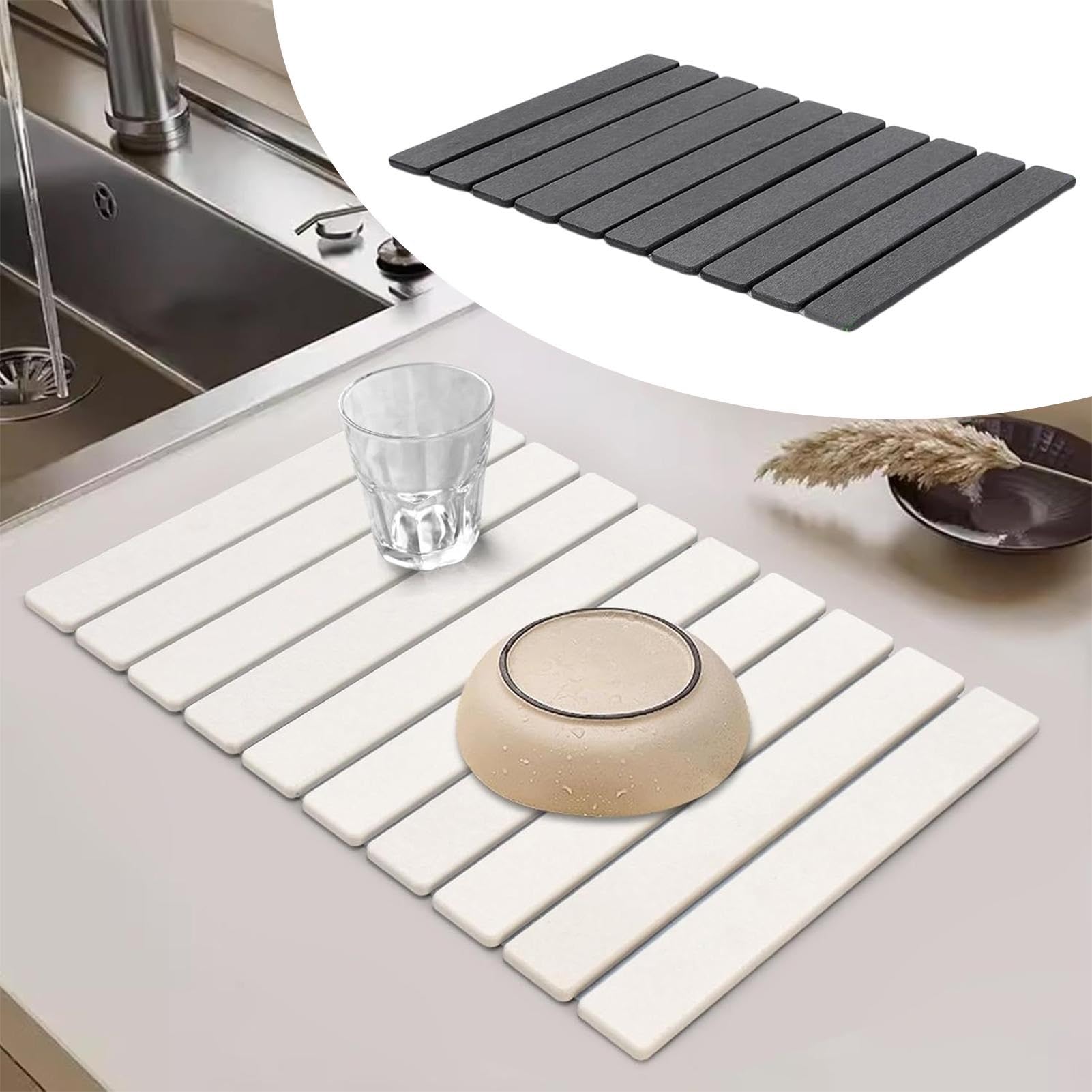 1 Tapis égouttoir à Vaisselle en Pierre absorbante, Pliable et rectangulaire pour Cuisine(White)