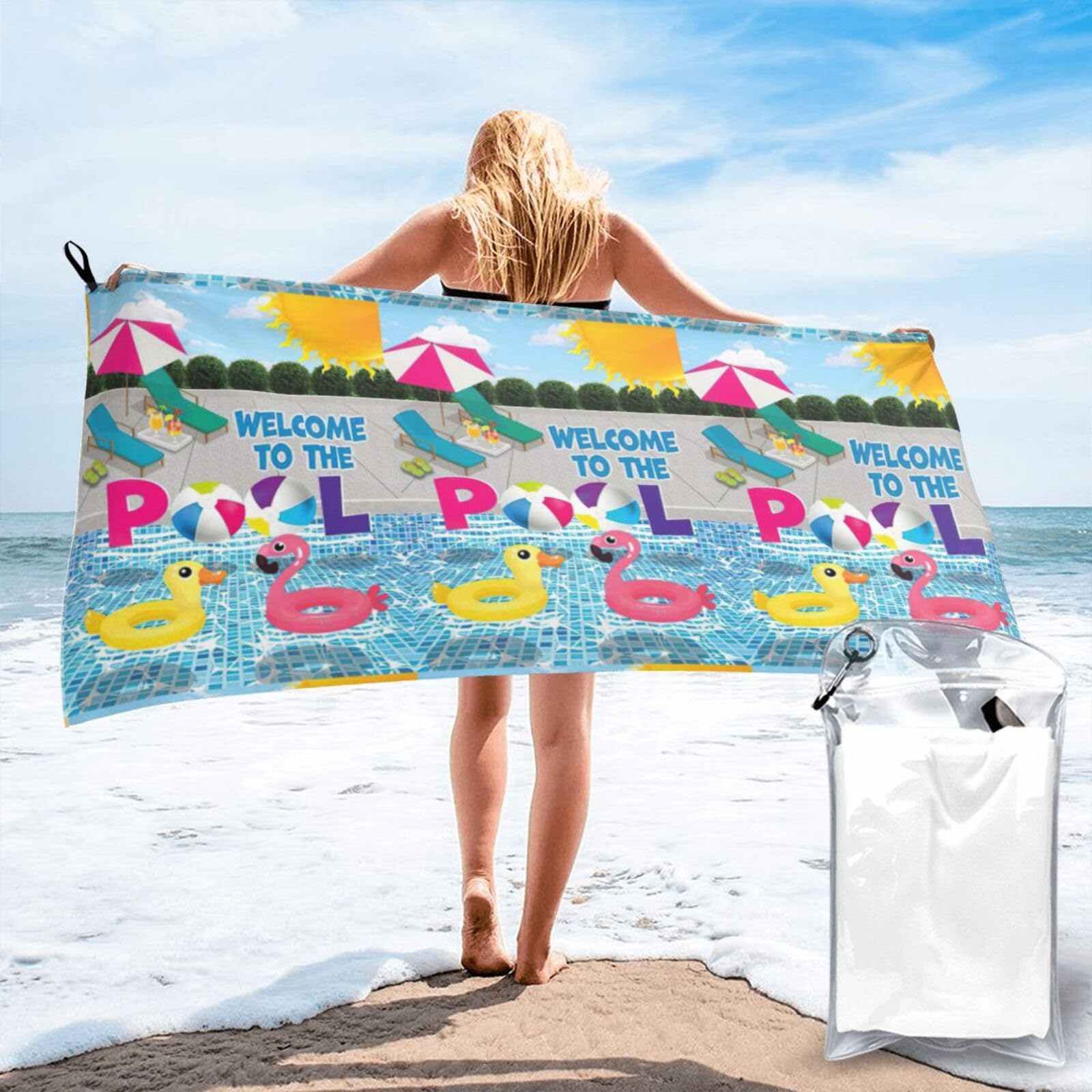 ENGhjes Flamingo And Swimming Pool Print Camping Towel Fast Drying Bath Beach Shower Wrap For Gym Camping Vacation Adults Portable Gift