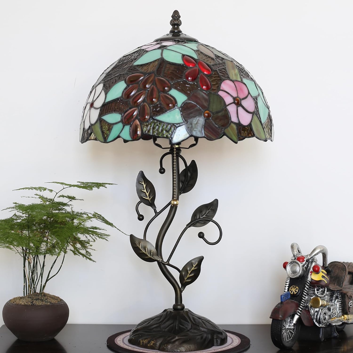 Tiffany Table Lamp Stained Glass Lamp Bedside Desk Reading Light W12H19 Inch Metal Leaf Base with Metal Leaf Base Bedroom Living Room (Grape Style)