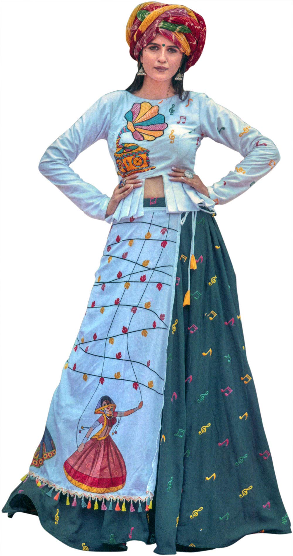 Lehenga chulí de paplam de Gujarat blanco y verde mar bordado musical L 3