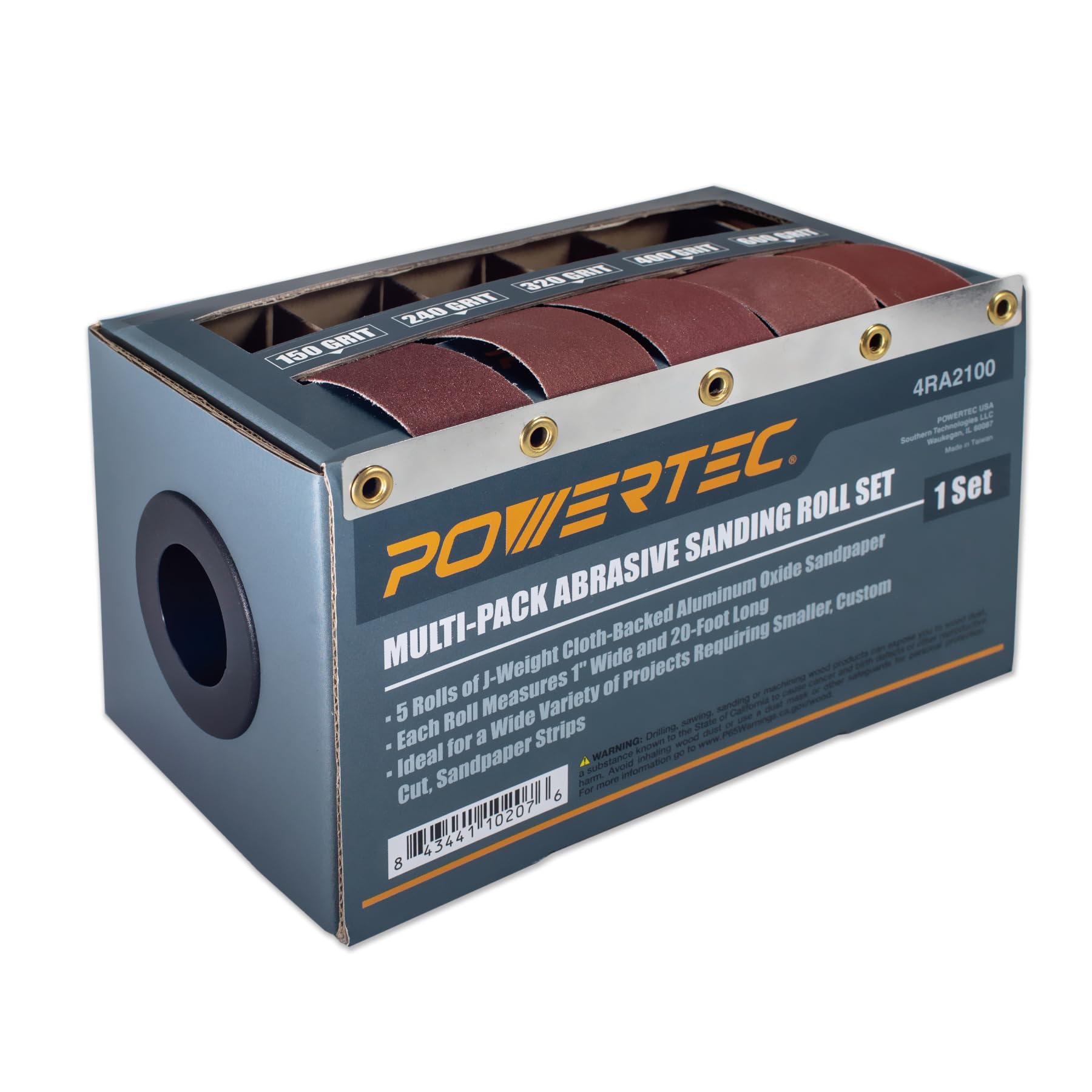 POWERTEC 4RA2100 Boxed Abrasive Sanding Rolls for Automotive/Woodworking | Sandpaper Dispenser Box with 5 Rolls for Sanding – Includes Assorted Grits 150/240/ 320/400/ 600,1" x 20 Ft