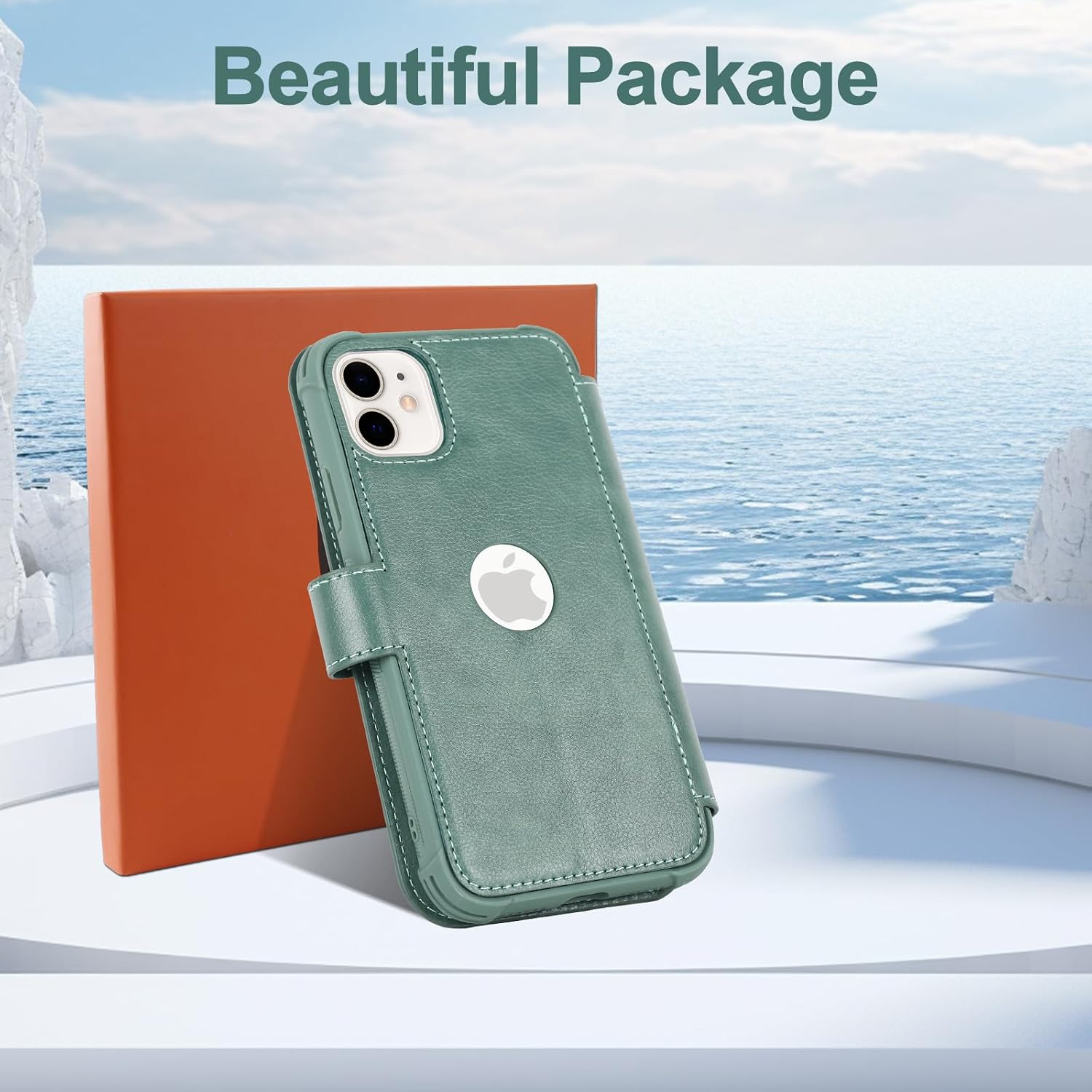 VANAVAGY Compatible for iPhone 11 Wallet Case for Women Men, PU Leather Flip Phone Cover with Wrist Strap for Wireless Charging with RFID Blocking Card Holder Screen Protector,Forest Green