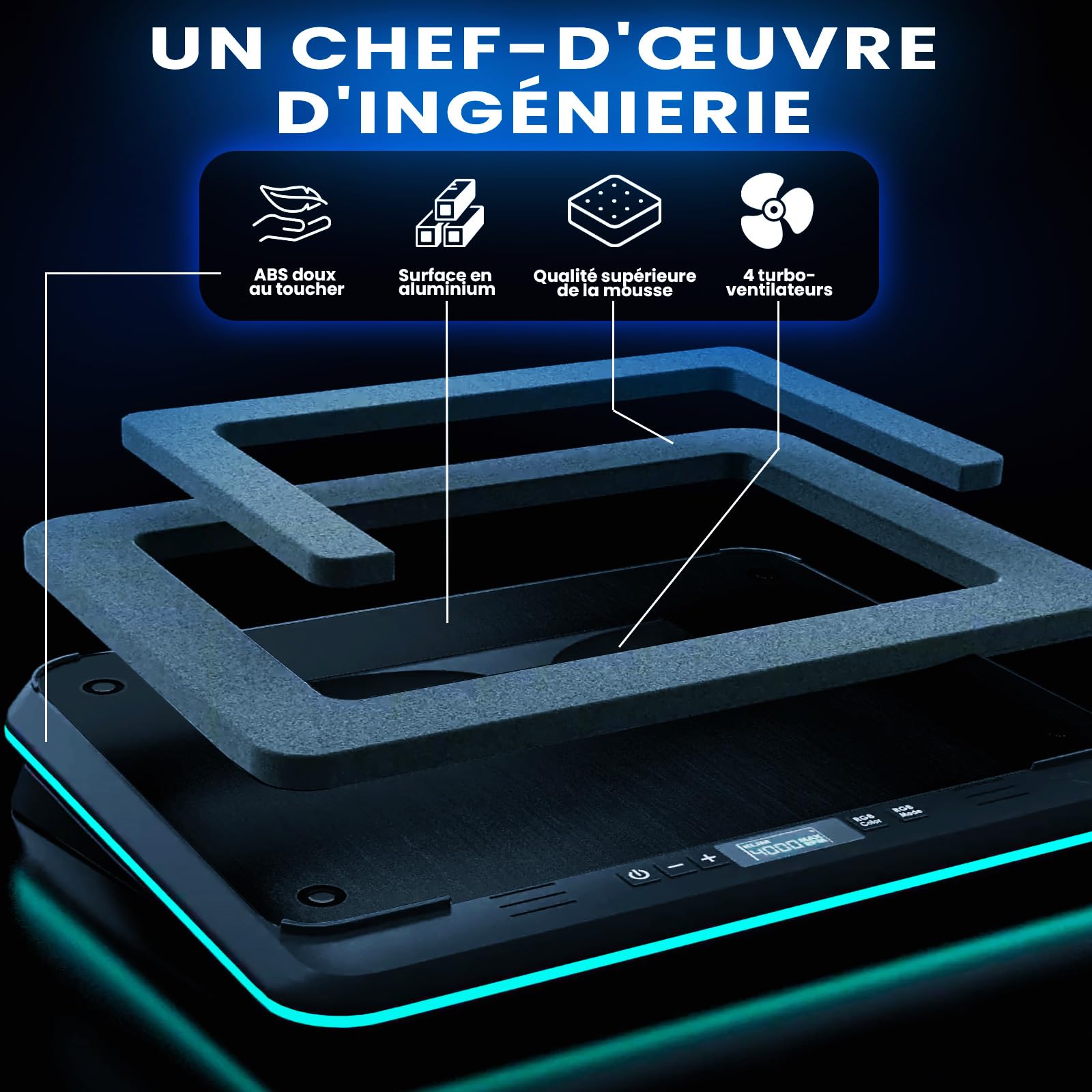 KLIM Turbofrost Refroidisseur PC Portable 4 Turbo Ventilateurs - 4x4000 RPM, 2 Modes d'alimentation USB-C/DC, RGB Dynamique, 4 Ports USB, Mousse Isolante - Support Ventilé PC Portable 14-17in - Noir