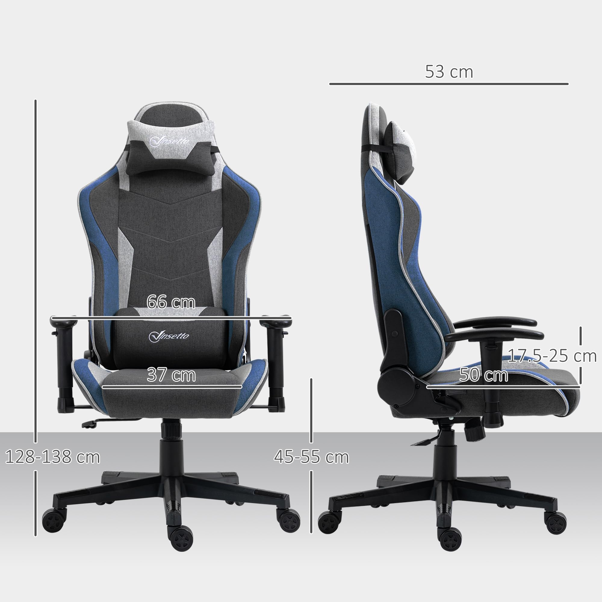 Vinsetto Sedia da Gaming Ergonomica, Poggiatesta e Altezza Regolabile, Blu | Braccioli, Poltrona Gaming Ufficio Reclinabile, Tessuto Effetto Lino, Funzione Dondolo, Supporto Lombare