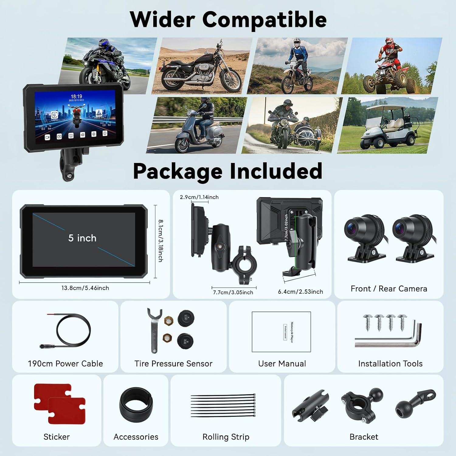 SIXTOP Motorcycle CarPlay Screen with HD 1080P Dual Dash Cam Wireless Apple CarPlay & Android Auto TPMS Pantalla para Moto 5” IP67 Waterproof Touchscreen, Bluetooth, GPS Navigation, Voice Control