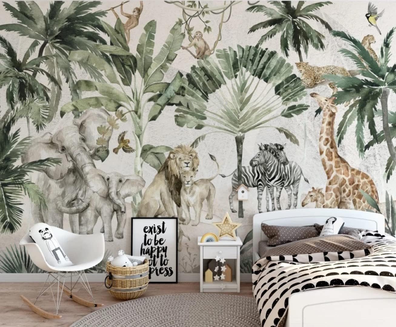 Wild African Animals in Tropical Jungle Wallpaper Kids Room Nursery Peel and Stick Kindergarten Wall Removable 100''H x 150''W