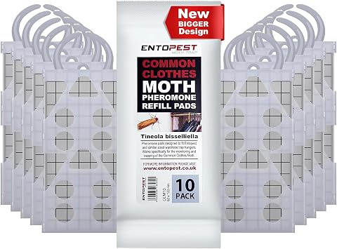 Entopest Moth Peds | 10 Refill Pads & 10 Reusable Hangers | Clothes Moth Detection | Sticky Monitoring Pads for Wardrobes | Pheromone-Based Monitoring Only