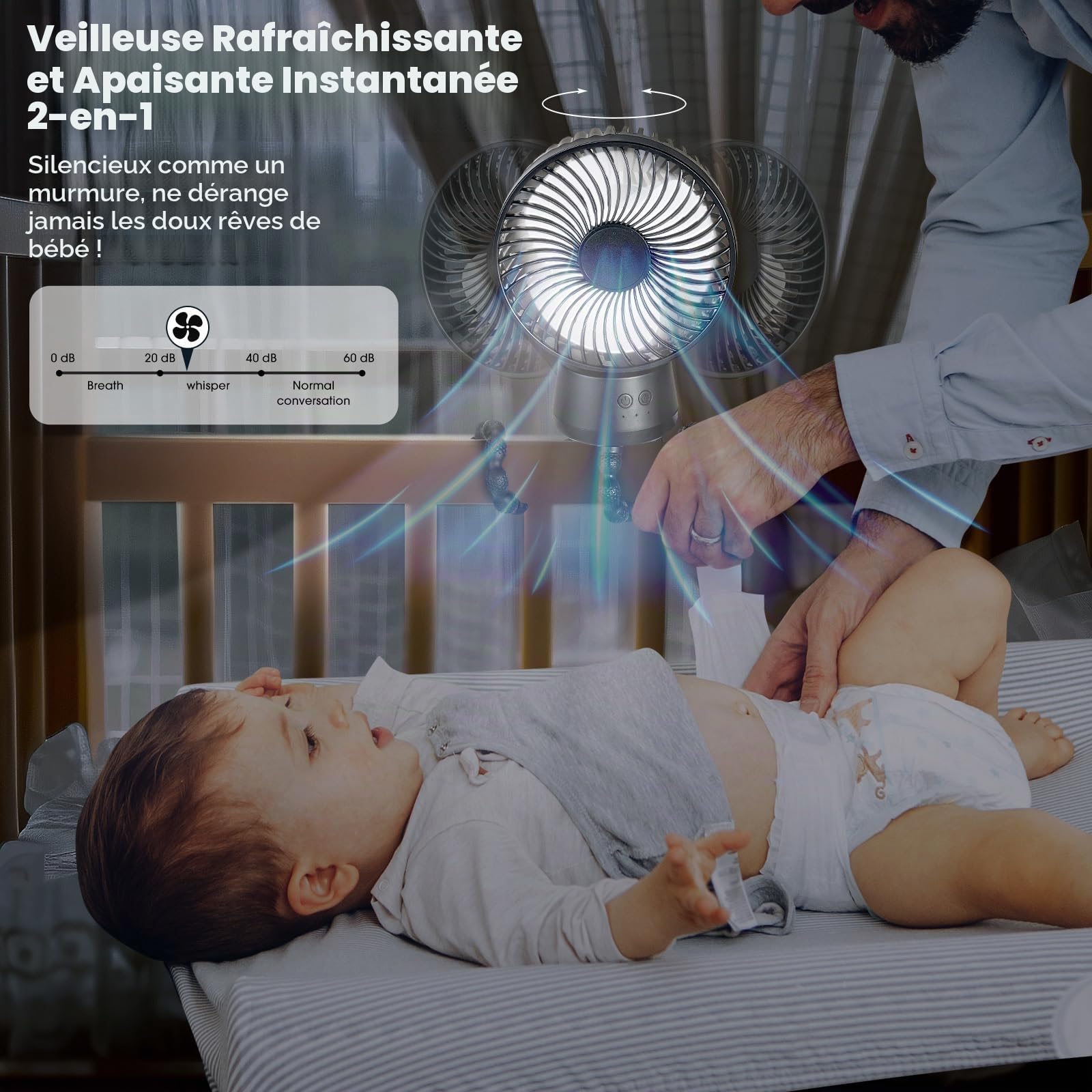 POPERFUN Ventilateur de Poussette 10000mAh, Ventilateur Portable avec Lumière LED, 3 Vitesses Ventilateur USB Rechargeable pour Poussette, Berceau, Siège Auto, Bureau, Voyage (Noir)