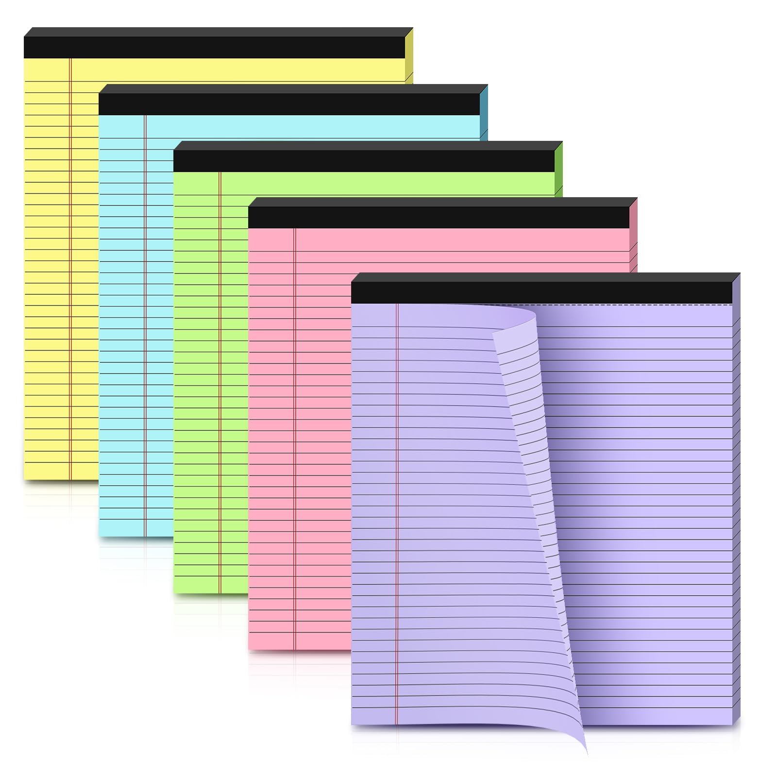 Tecmisse Paquete de 5 blocs de notas legales de 9.5 x 11 pulgadas, bloc de papel rayado de colores, bloc de escritura universitaria rayado, 40 hojas de cada bloc de papel para suministros escolares y