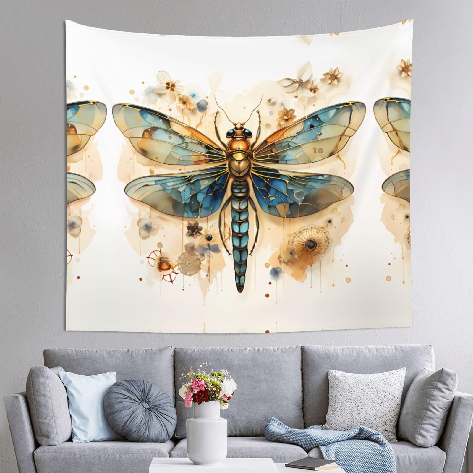HLSBSSL 60x51in Golden Delicate Dragonfly on Yellow Background Printed Tapestry Tablecloth for Dormitory and Picnic Rooms - Multifunctional Fabric Hanging