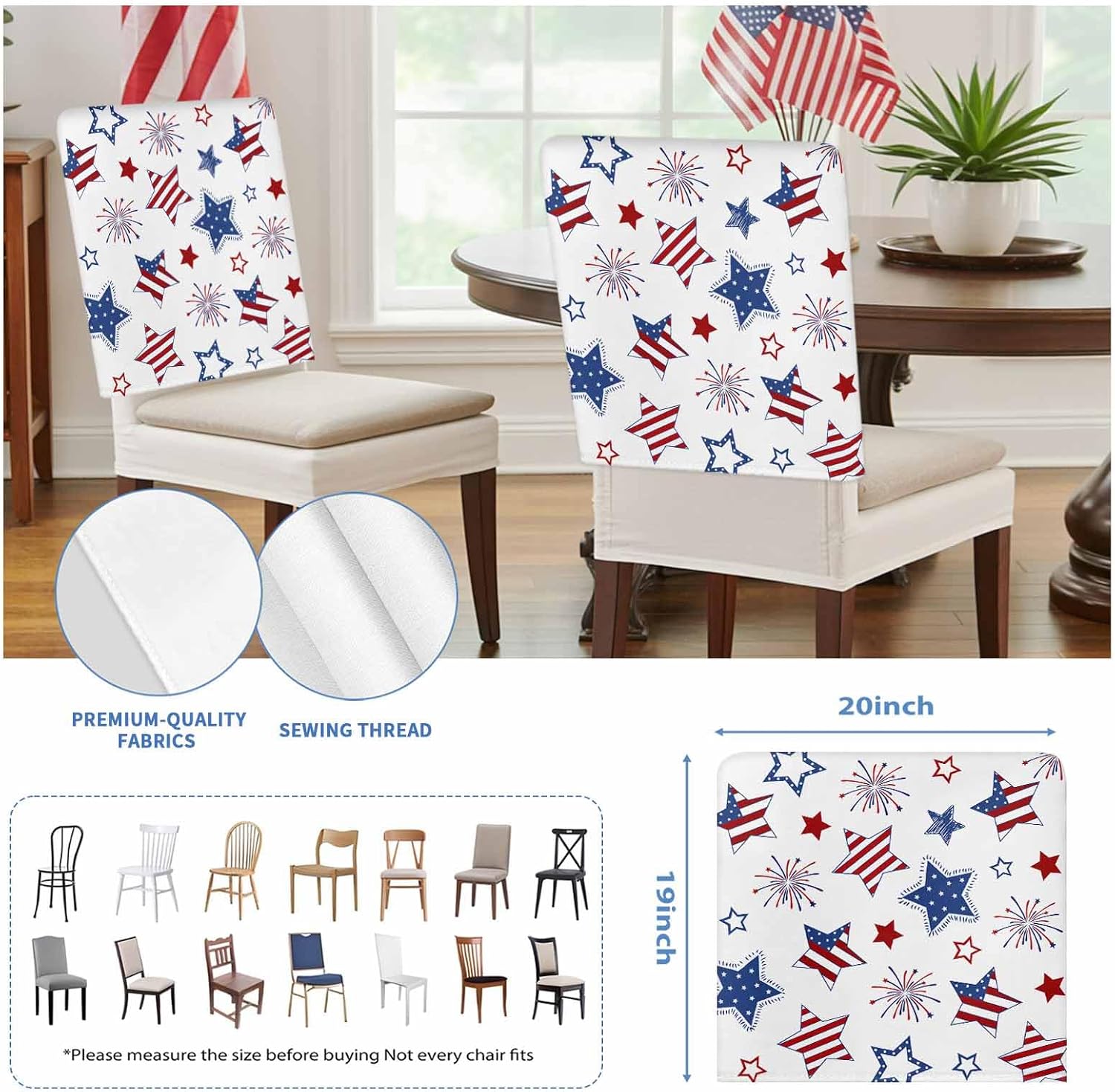 4th of July Chair Covers Set of 4 Patriotic Star Stripes Chair Slipcover Protector Stretch Fireworks USA Flag Red White and Blue Independence Day Chair Back Covers for Dining Chairs Kitchen Party