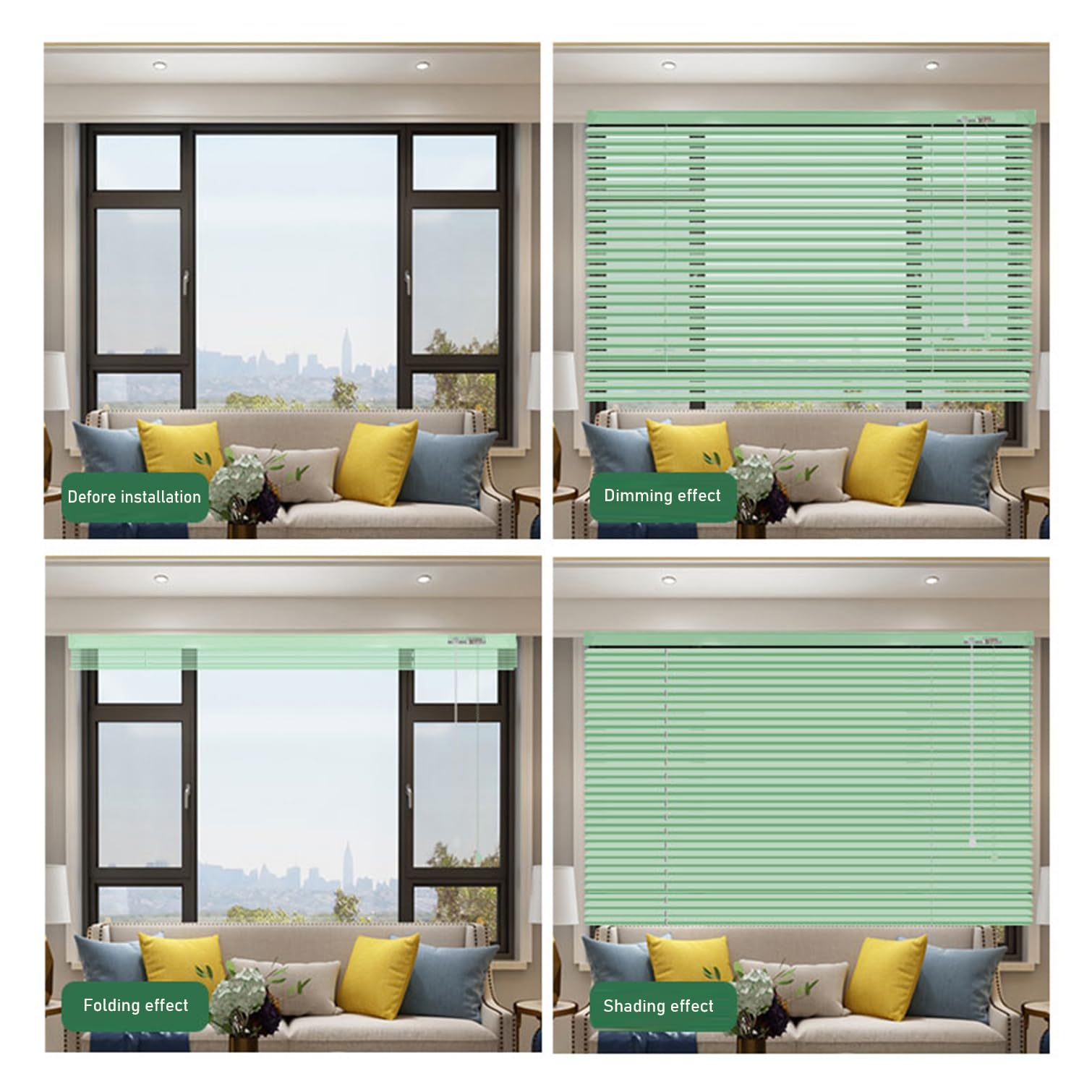 Jasnozielone aluminiowe weneckie bli, wodoodporne, poziome es do kuchni, sypialni i biura, zaciemniające zasłony okienne z akcesoriami, rozmiar 150 x 230 cm