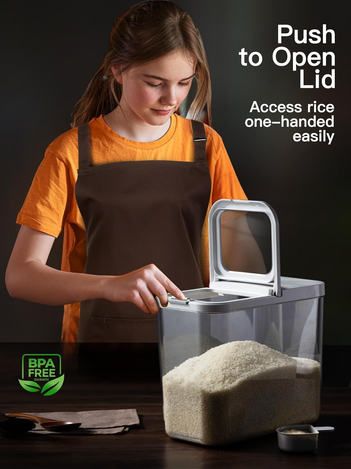 LivLab Mker 20-25 lbs Rice Dispenser with measuring spoon - 11.4Qt/12L Large Airtight Food Storage Rice Container for Cereal, Flour - BPA-Free PET, Slim Space-Saving - Image 3