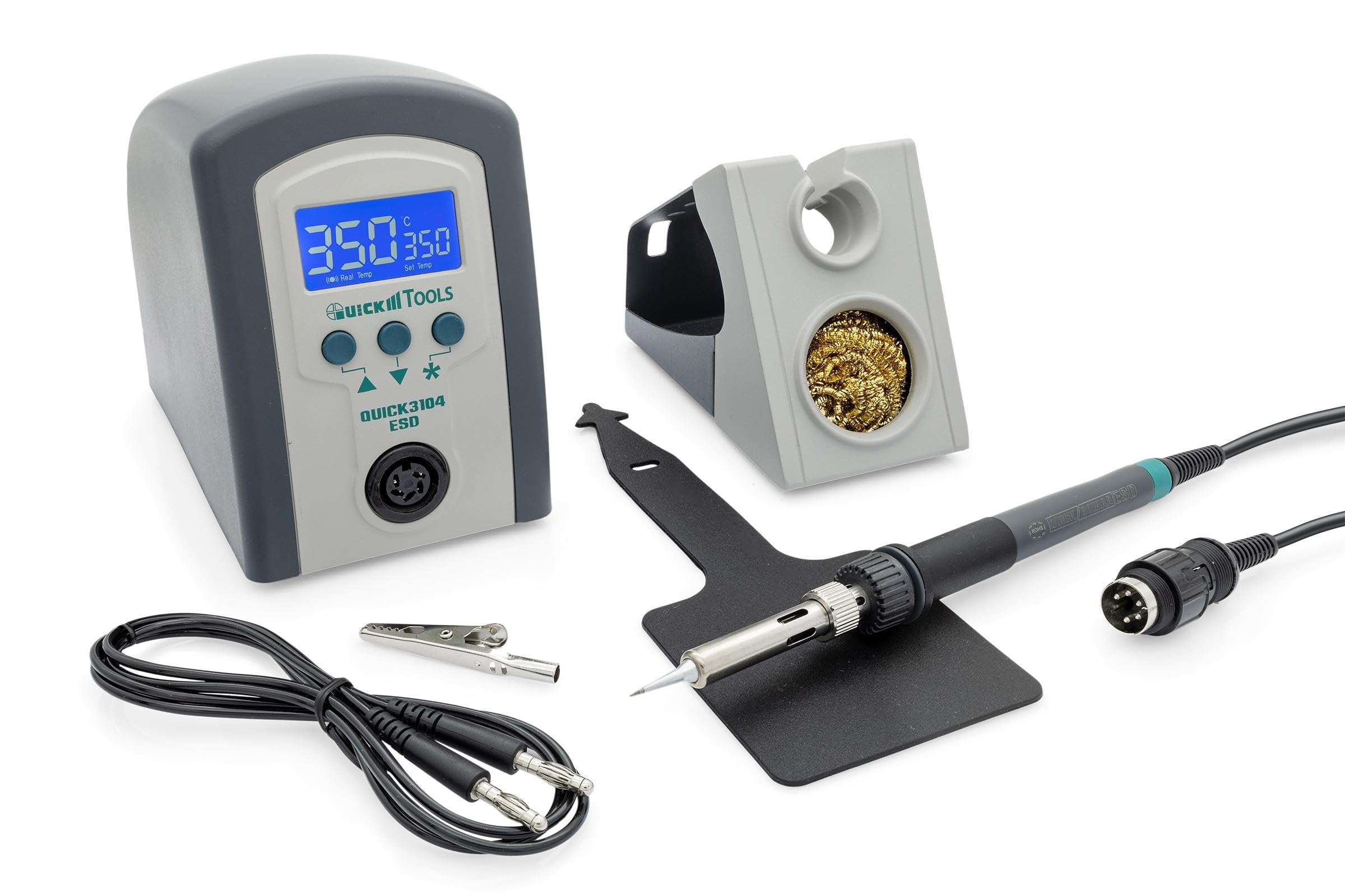 QUICK 3104 - Stazione di saldatura ESD regolabile digitale, 80 Watt, con saldatore con punta di saldatura da 2 mm e accessori, calibrabile da 100° a 450° C, protezione ESD
