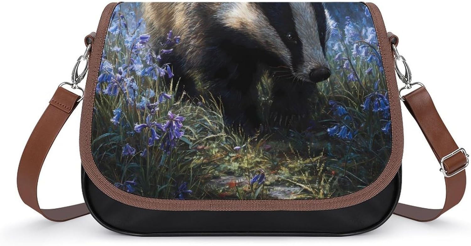Badger Flowers Bluebells Women Crossbody Purse Leather Messenger Bag Handbags Shoulder Strap Bags