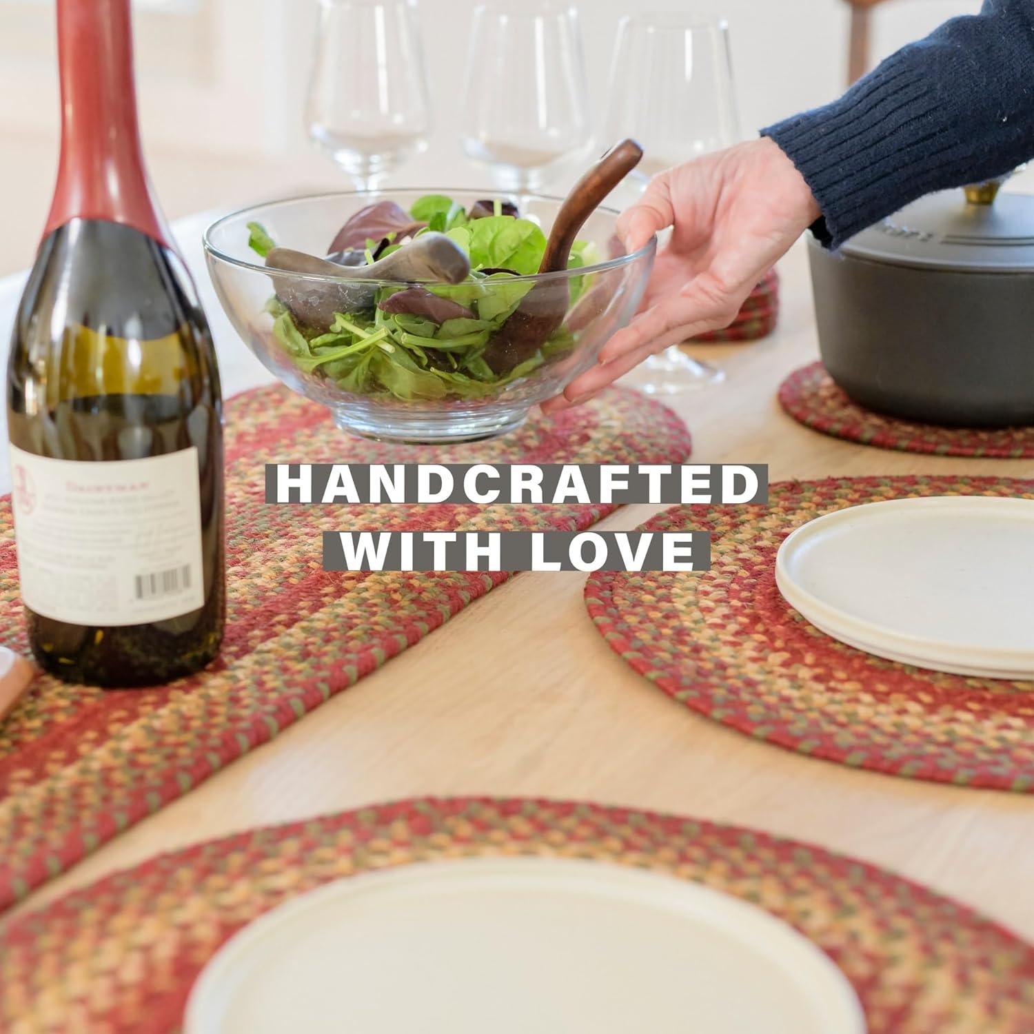 Homespice Cider Barn Round Braided Placemats, Warm Country Rustic Decor, Set of 2, 15", Red Jute Table Mats - Vibrant Colors, Durable, Easy to Clean and Protects Furniture