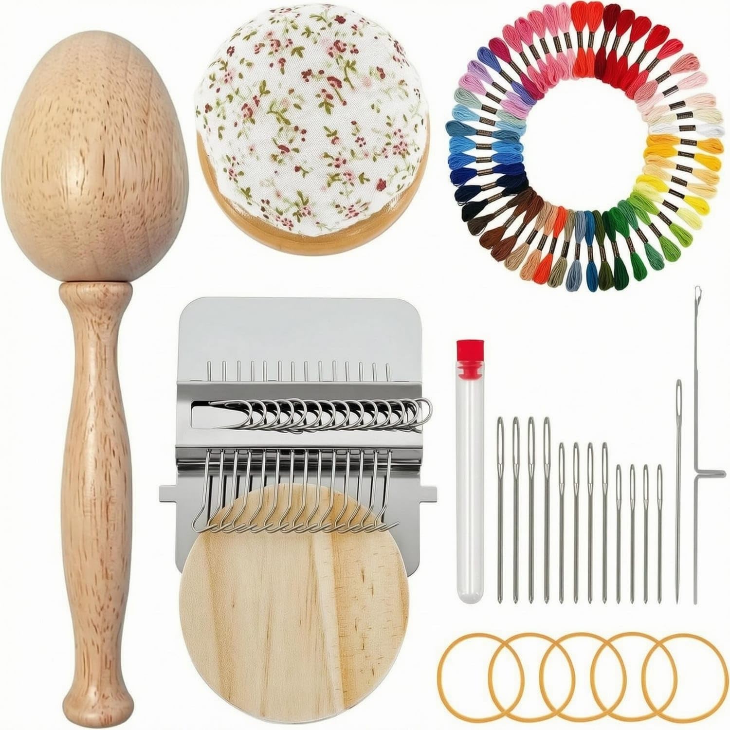 natural wood darning loom kit multicolor threads weaving repair 14-hook