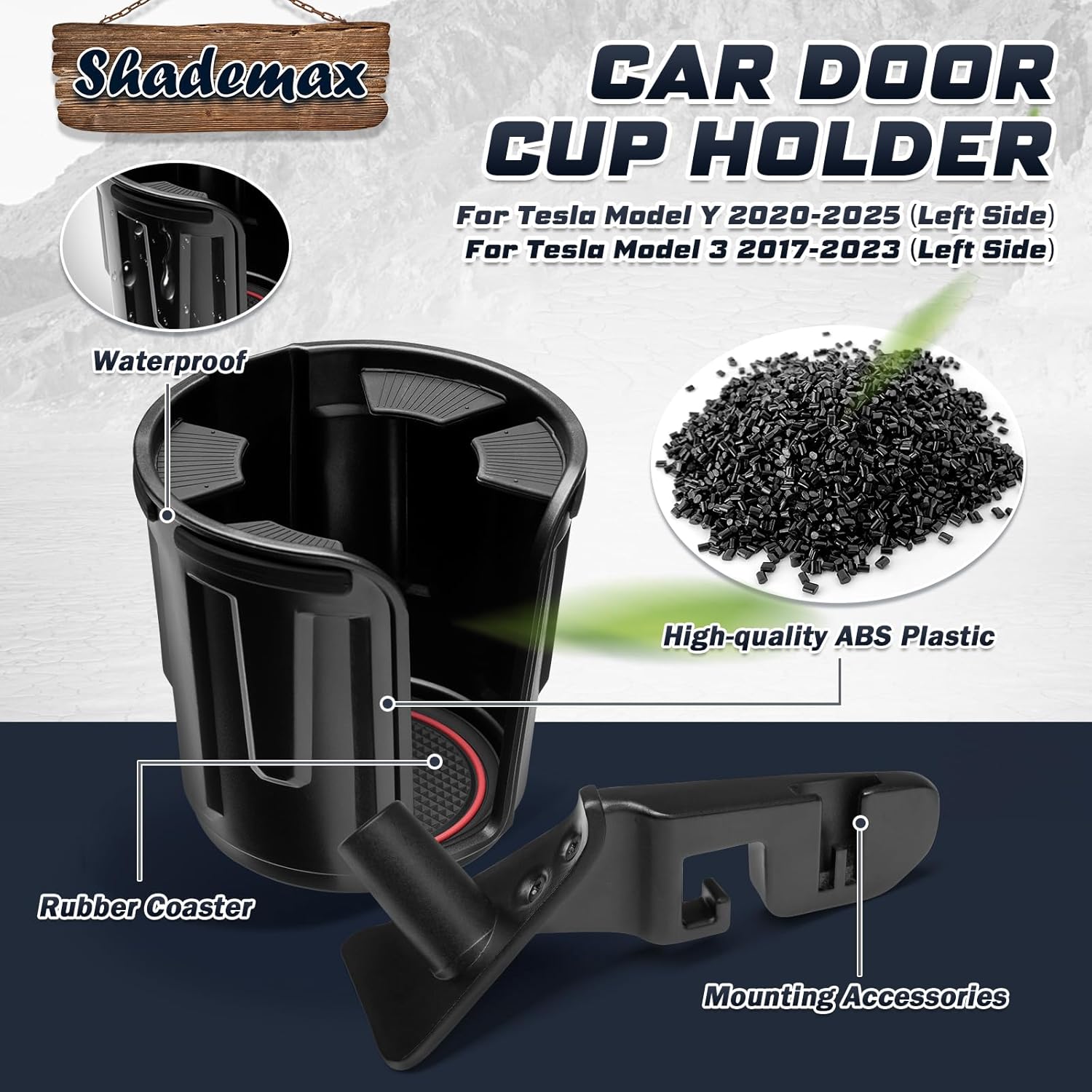 Shademax Set of 2 Car Cup Holder for Tesla Model Y 2020-2025 / Model 3 2017-2023 Left&Right Side Door Cup Holder with Rubber Coaster Model Y/3 Accessories Compatible with 2.95"-3.7" Cups Bottles