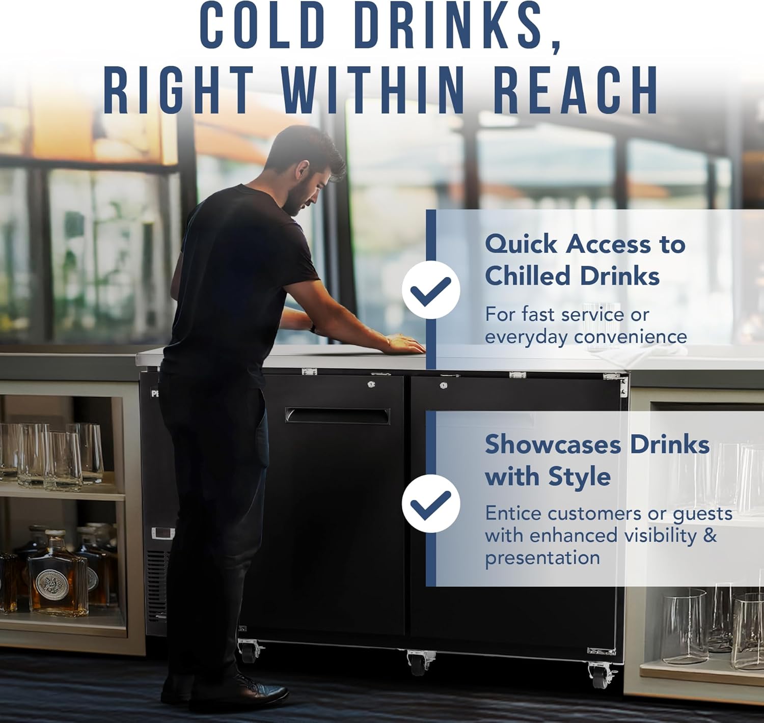 PEAKCOLD 2-Door Counter Height Beverage Refrigerator - 61" Wide Energy Efficient Solid Black Beer Cooler & Bar Fridge With White LED Lighting - Commercial Back Bar Cooler