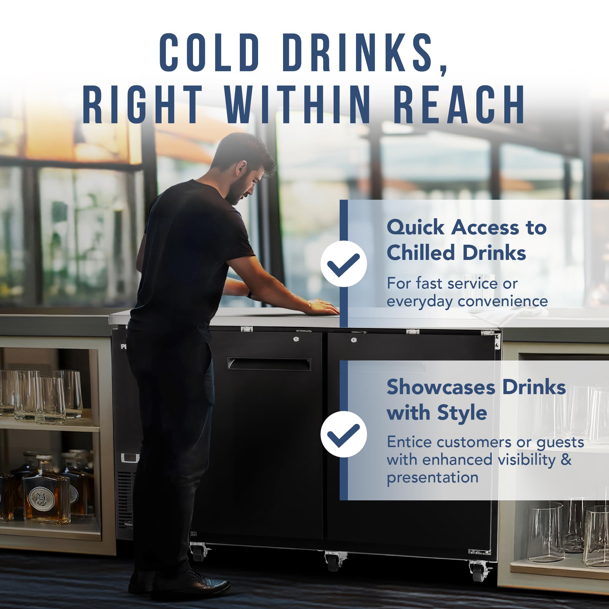 Peakcold 2-Door Counter Height Beverage Refrigerator - 61" Wide Energy Efficient Solid Black Beer Cooler & Bar Fridge With White LED Lighting - Commercial Back Bar Cooler on Fridge.com - View 3
