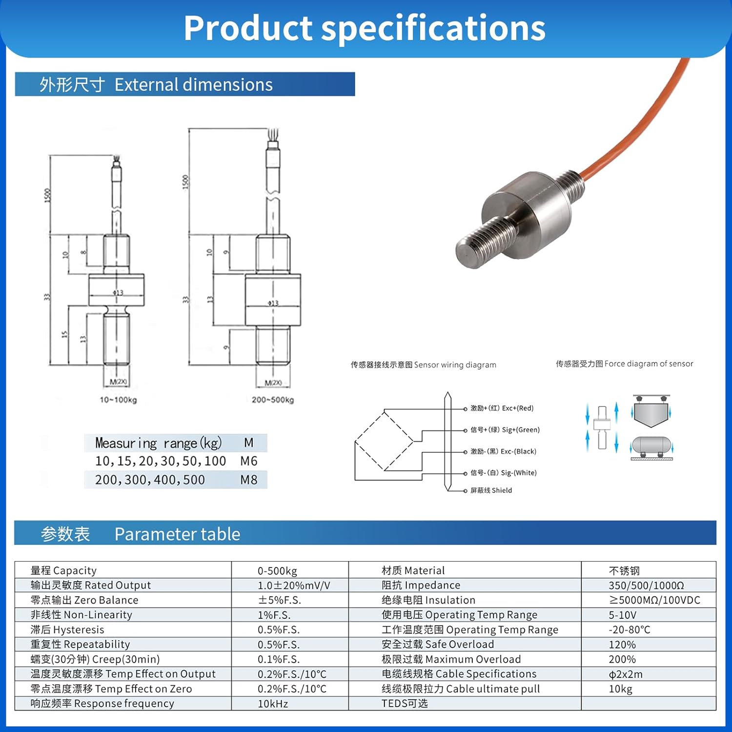 Mini Load Cell Sensor,Test Tension and Compression,Mini Pull Rod Type Force Weight Pressure Sensor for Scale,High Precision 0.2% Applicable to Small Space (0-10KG)