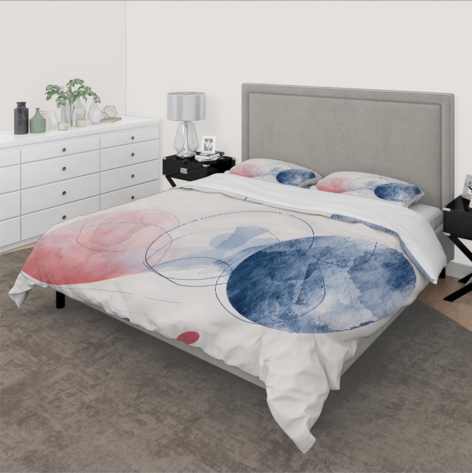 Minimalistyczne białe akwarela niebieskie i różowe kolorowe klocki 3-częściowy zestaw pościeli z 2 poszewkami na poduszki do dekoracji sypialni 155x200cm