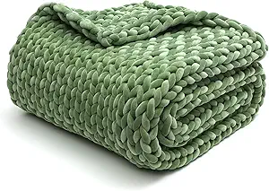 YnM Velvet Weighted Blanket, Handmade Chunky Knitted Design, Soft and Cozy, Temperature Regulating and Breathable, Machine Washable Throw for Sleep or Home Decor (Avocado Green, 80x87 Inch, 25lbs)