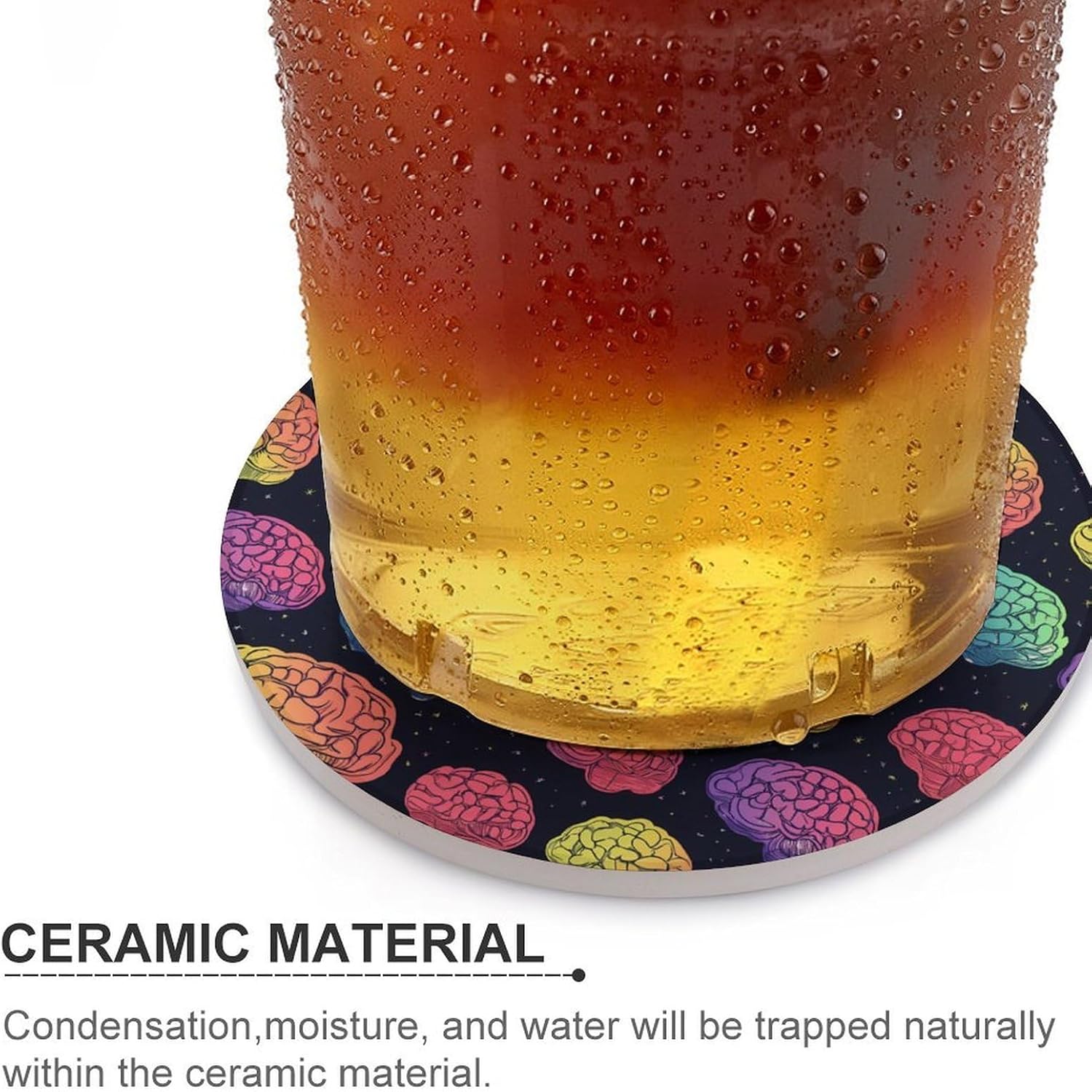 Rainbow Brains Pattern Round Ceramic Coasters for Drinks Absorbent Cup Holder Tabletop Protector with Cork Base