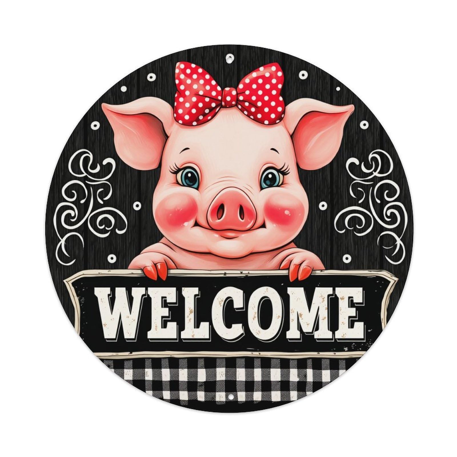 Pig With Bow Welcome Sign Round Tin Sign Retro Metal Sign for Cafe Bar Pub Home Game Room Gym Club Wall Decoration Vintage Metal Poster 8x8 Inch