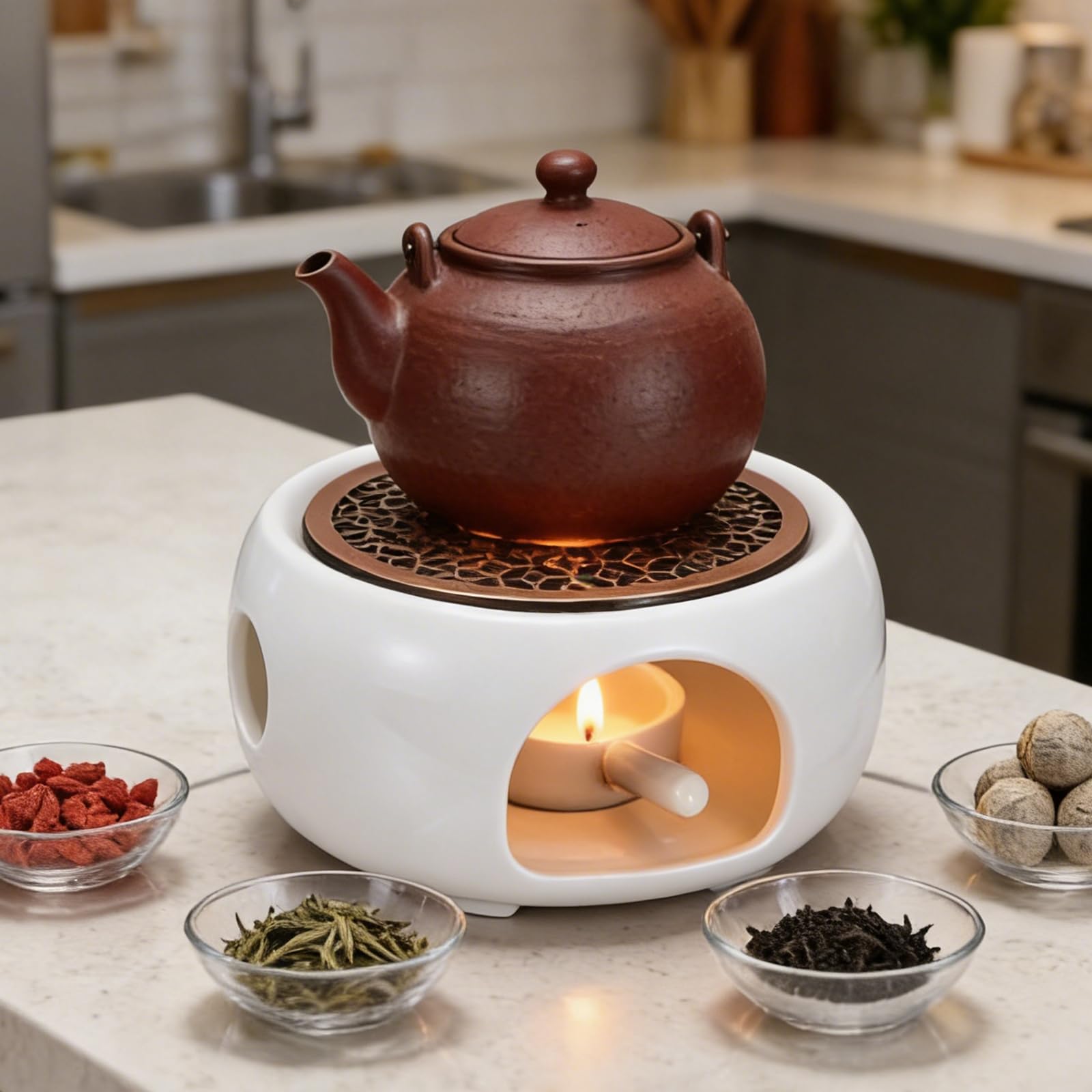 sourcing map Calentador de tetera de cerámica, calentador de té de cerámica con almohadilla de aleación, soporte para velas de té para calentar café, leche, agua, resistente al calor, diseño de 3