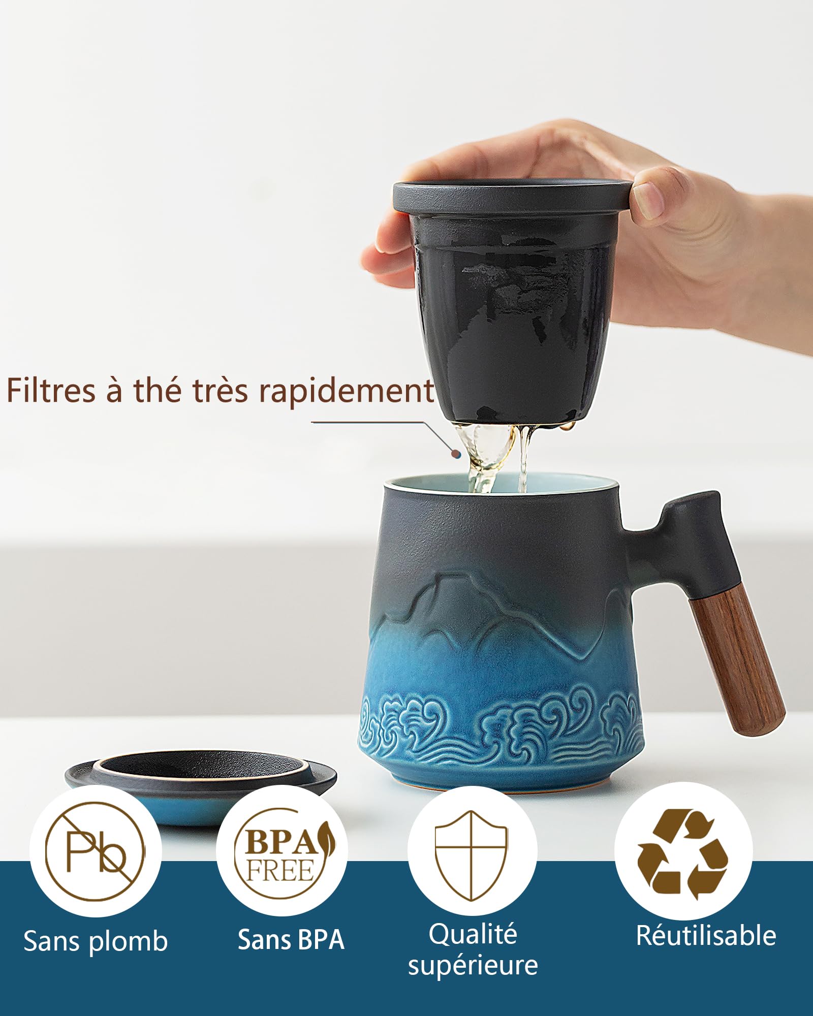 ZENS Taza de té con infusor y tapa, 500 ml - Taza de cerámica con relieve para té de hojas, mango de madera - Taza con filtro para amantes del té, azul