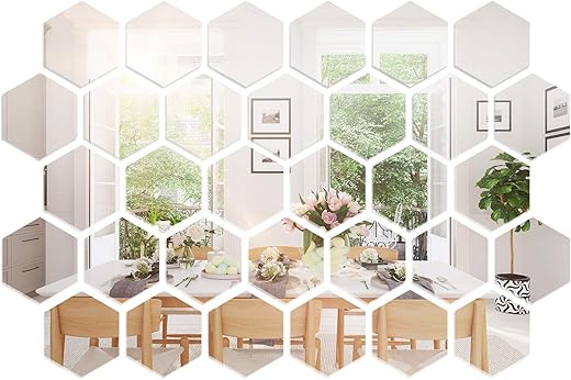Shappy 32 Pcs Hexagon Mirror Wall Stickers Removable Silver Acrylic Mirror Stickers Honeycomb Decals for DIY Home Art Bedroom Living Room Wall Decoration(10 x 8.6 x 5 cm)
