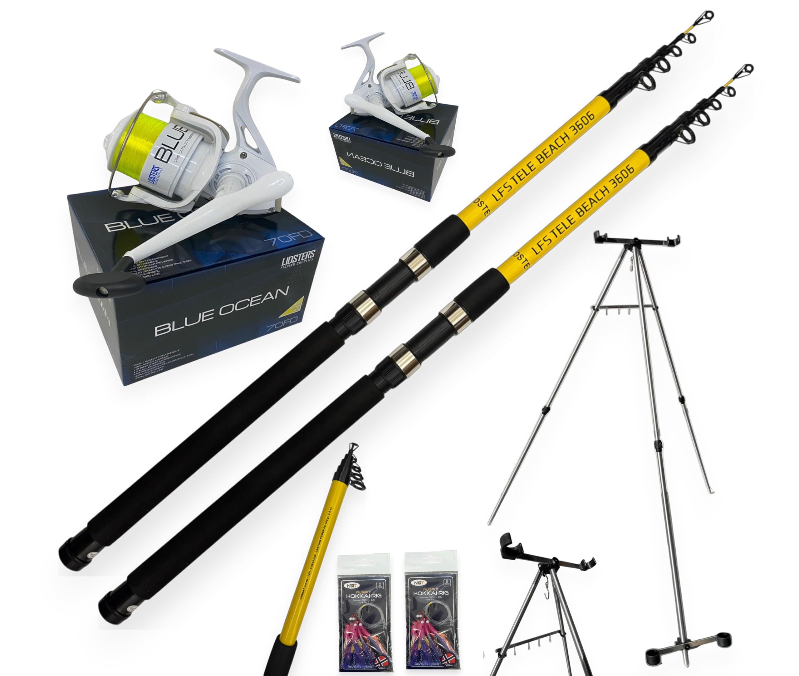 Lidsters Fishing 12ft Yellow Beach Rods with 7000D Reels Tripod & 2 Packs Feathers Set