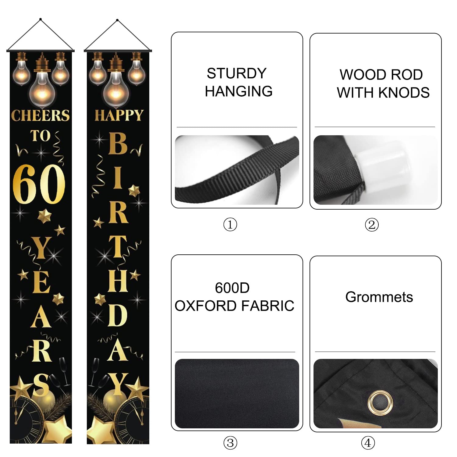 Banner Per 60° Compleanno Nero Oro - Striscione In Tessuto 185x110 Cm Con Sfondo Fotografico
