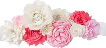 KIM S Maternity Sash Belt with Flowers Pearls Satin Ribbon for Baby Shower Dress Wedding Bride Photoshoot Pregnant Women