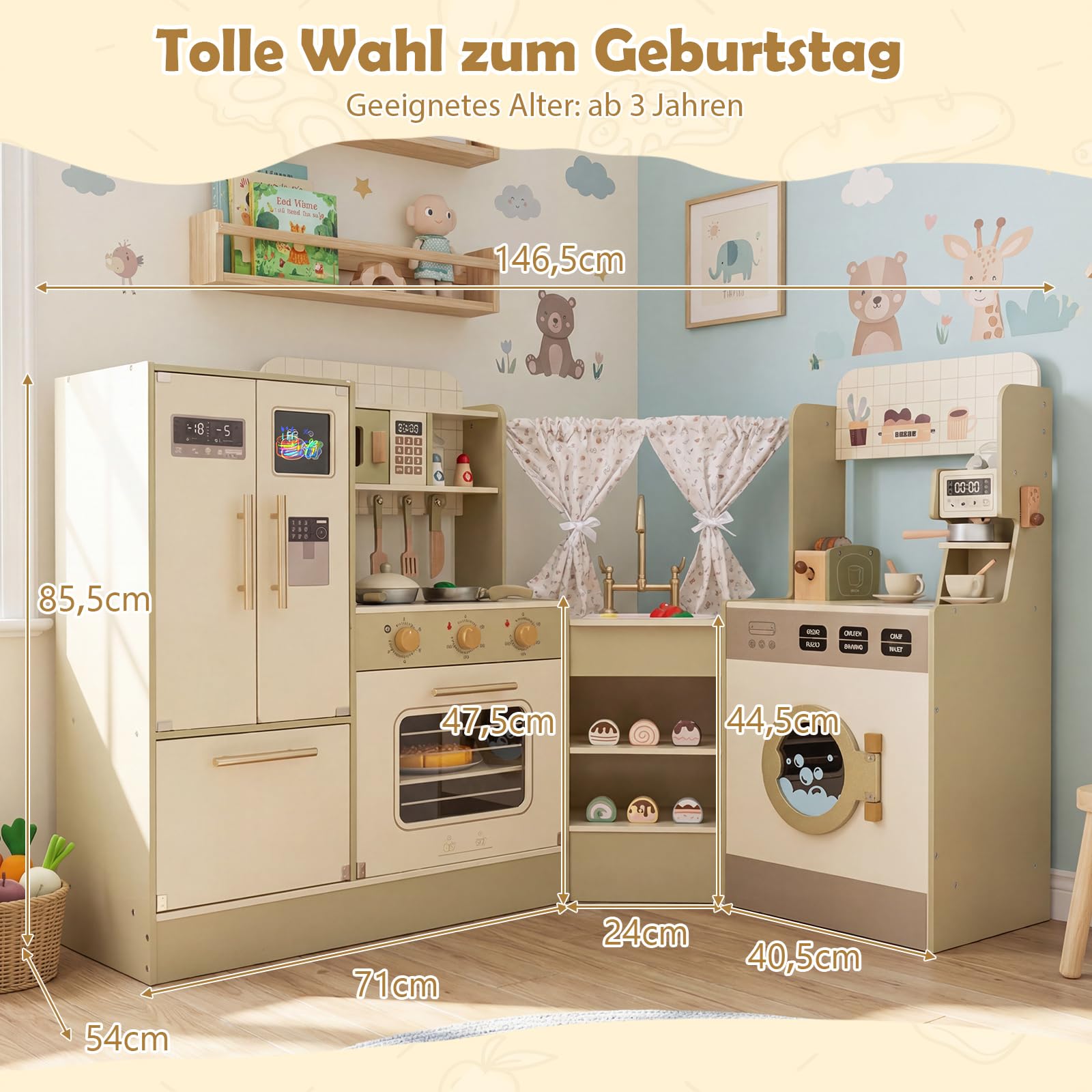 COSTWAY Kinderküche, Eck Spielküche mit Herd, Kühlschrank, Geschirrspüler, Kaffeemaschine, Mikrowelle & Toaster, Spielzeugküche mit 21 Zubehörteilen, Holzküche für Kinder ab 3 Jahren