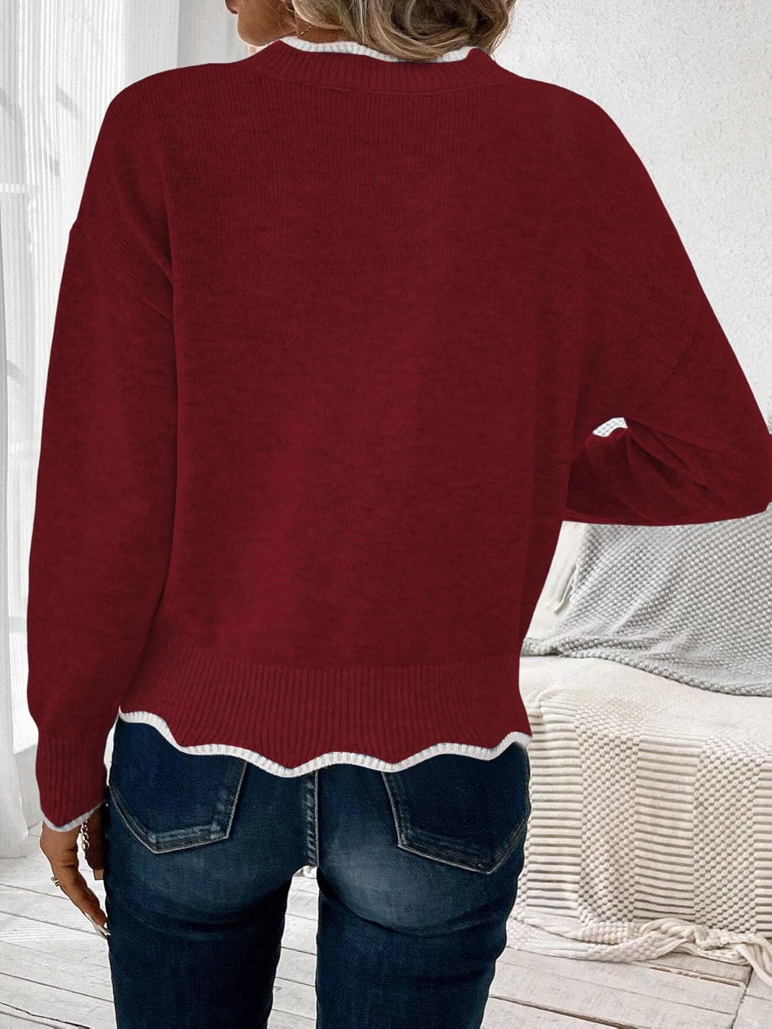 Womens V Neck Pullover Sweaters Long Sleeve Scallop Trim Knit Tops Loosed Fit 2025 Fall Outfits - Image 4