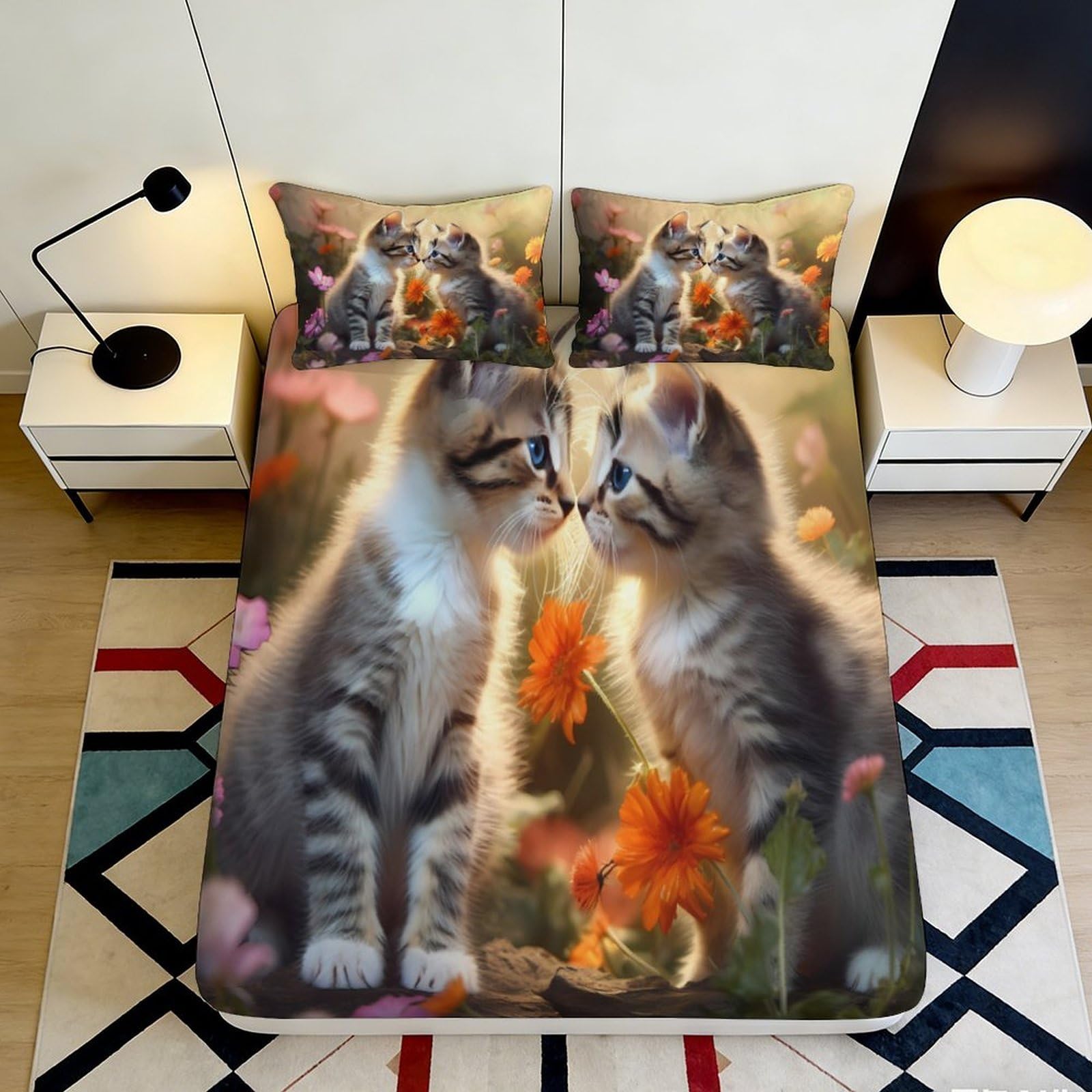 3D Printed Cute Kitten Flower Fitted Sheet Microfiber Soft Anti-Slip Mattress Cover for Bedroom Guest Room Decor 180x200x25cm