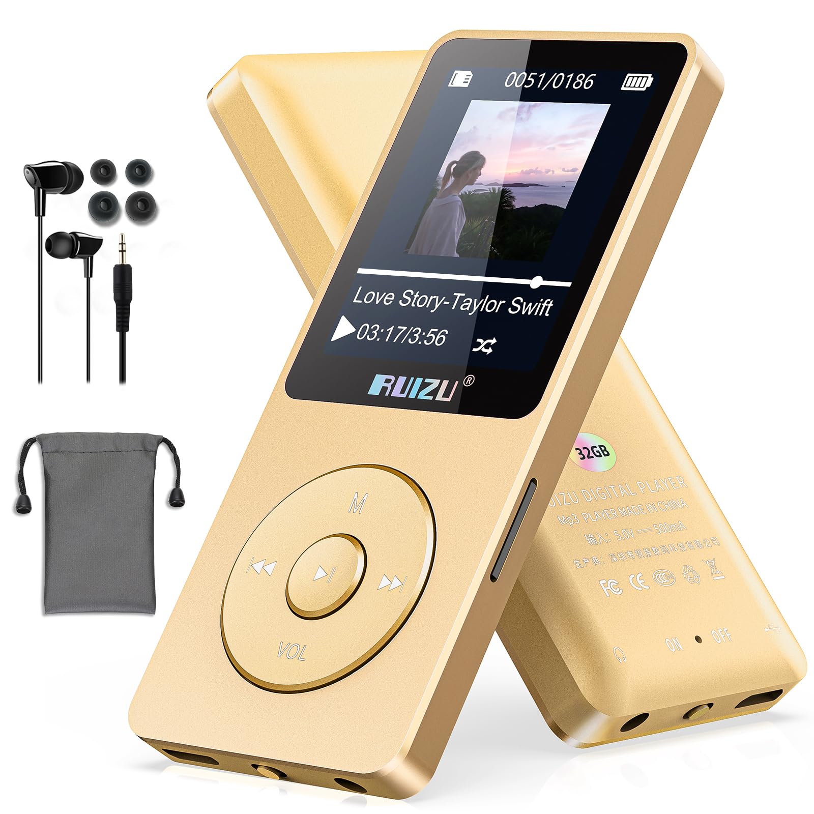 64GB MP3 Player with Bluetooth 5.3, Ultralight (30g), Up to 80 Hours of Battery Life, 1.8 Inch Screen, Ideal for Sports, Children and Adults, Supports TF Cards up to 128GB