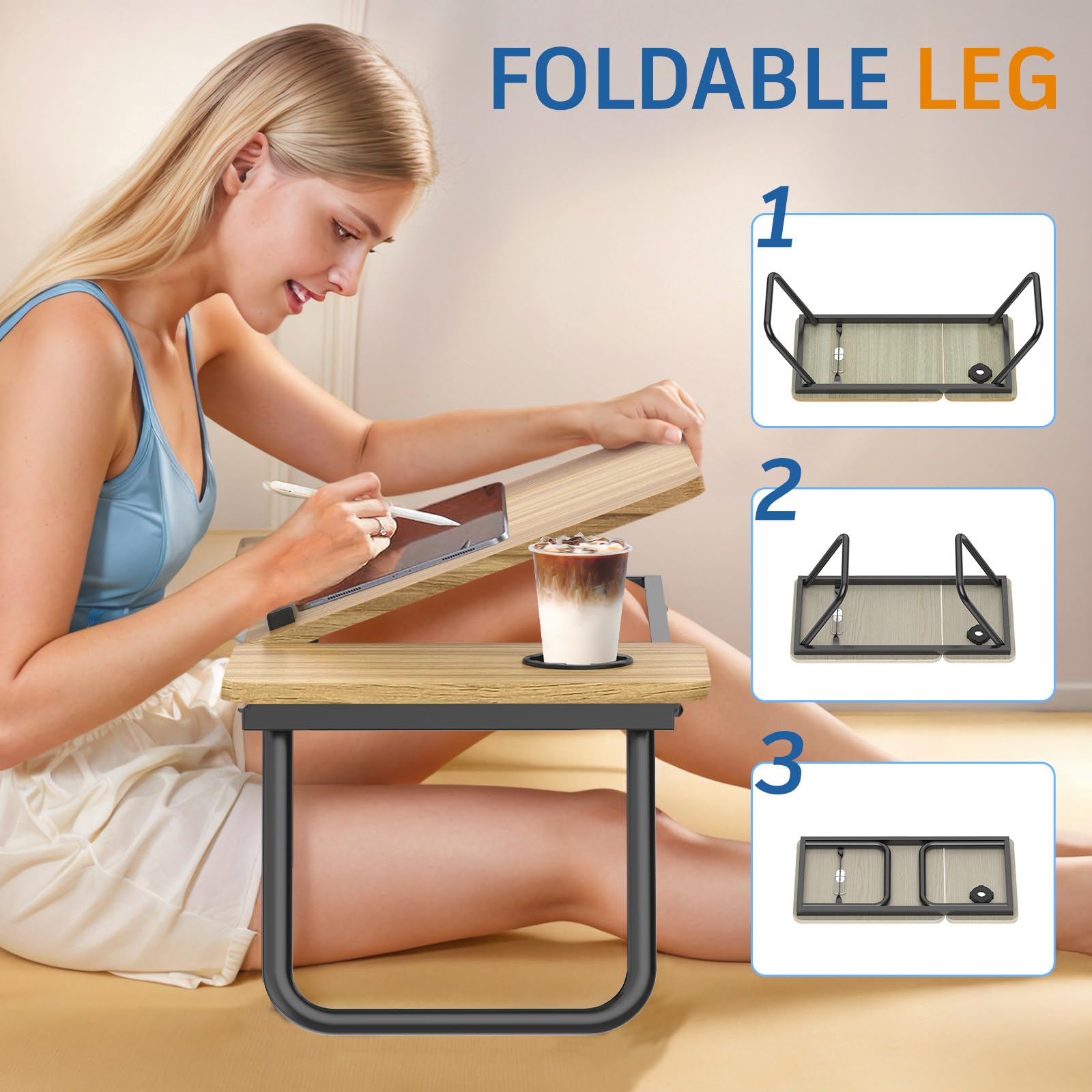 Huracan Table pour Ordinateur Portable, Plateau de Petit déjeuner pour Le lit Support d'ordinateur, avec Pieds Pliables, 5 Angles d'inclinaison, Lapdesk, Support de Table lit pour canapé, Divan, Noix